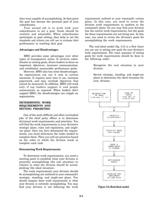 they were capable of accomplishing. At that point             requirements outlined in your command’s various
the goal has become the personal goal of your                 plans. In this case, you need to revise the
subordinates.                                                 division work requirements to conform to the
    Your second job is to work with your                      command’s plans. Or you may find your division
subordinates to set a goal. Goals should be                   has the correct work requirements, but the goals
realistic and attainable. When subordinates                   for those requirements are not being met. In this
participate in goal setting, they help to set the             case, you need to revise the division’s goals for
standards and criteria you will use to evaluate their         accomplishing the work requirements.
performance in reaching that goal.
                                                                 The real-ideal model (fig. 3-2) is a flow chart
Advantages and Disadvantages                                  you can use in setting new goals for your division’s
                                                              work requirements. The exact sequence of setting
    MBO provides some advantages over other                   goals for work requirements should be done in
types of management styles. It involves subor-                the following order:
dinates in setting goals, forces leaders to focus on
important objectives, increases communication,                       Recognize the real situation in your
and establishes measurable performance goals.                        division.
    However, MBO also has some disadvantages.
An organization can use it only in certain                           Review strategic, standing, and single-use
situations. It requires more time to use, increases                  plans to determine the ideal situation for
paperwork, and may overlook objectives that                          your division.
cannot be measured. In addition, MBO will work
only if top leaders support it and people
communicate as required. When leaders don’t
support MBO, the disadvantages can cripple an
organization.

DETERMINING WORK
REQUIREMENTS AND
SETTING PRIORITIES

    One of the most difficult and often overlooked
jobs of the chief petty officer is to determine
divisional work requirements and priorities. You
will find the work requirements in your division’s
strategic plans, rules and regulations, and single-
use plans. Once you have determined the require-
ments, you must determine the tasks needed to
complete them. Then you will set priorities based
on the order in which the division needs to
complete each task.

Determining Work Requirements

    To determine work requirements, you need a
starting point to establish what your division is
presently accomplishing (the real situation) in
relation to what the division should be accom-
plishing (the ideal situation).
    The work requirements your division should
be accomplishing are outlined in your command’s
strategic, standing, and single-use plans. You
should compare these work requirements to what
your division is currently accomplishing. You may
find your division is not following the work                             Figure 3-2.-Real-ideal model.


                                                        3-4
 