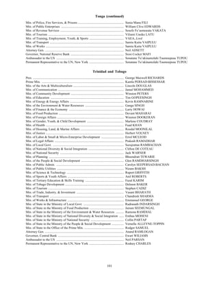 Tonga (continued)
Min. of Police, Fire Services, & Prisons .........................................................                        Sunia Manu FILI
Min. of Public Enterprises ..............................................................................                 William Clive EDWARDS
Min. of Revenue Services ...............................................................................                  Sosefo Fe’aomoeata VAKATA
Min. of Tourism ..............................................................................................            Viliami Uasike LATU
Min. of Training, Employment, Youth, & Sports ...........................................                                 VAEA, Lord
Min. of Transport ............................................................................................            Samiu Kuita VAIPULU
Min. of Works .................................................................................................           Samiu Kuita VAIPULU
Attorney Gen. ..................................................................................................          Neil ADSETT
Governor, National Reserve Bank ..................................................................                        Siosi Cocker MAFI
Ambassador to the US ....................................................................................                 Sonatane Tu’akinamolahi Taumoepeau TUPOU
Permanent Representative to the UN, New York ...........................................                                  Sonatane Tu’akinamolahi Taumoepeau TUPOU

                                                                                 Trinidad and Tobago
Pres. .................................................................................................................   George Maxwell RICHARDS
Prime Min. ......................................................................................................         Kamla PERSAD-BISSESSAR
Min. of the Arts & Multiculturalism ...............................................................                       Lincoln DOUGLAS
Min. of Communication ..................................................................................                  Jamal MOHAMMED
Min. of Community Development ..................................................................                          Winston PETERS
Min. of Education ...........................................................................................             Tim GOPEESINGH
Min. of Energy & Energy Affairs ...................................................................                       Kevin RAMNARINE
Min. of the Environment & Water Resources ................................................                                Ganga SINGH
Min. of Finance & the Economy ....................................................................                        Larry HOWAI
Min. of Food Production .................................................................................                 Devant MAHARAJ
Min. of Foreign Affairs ...................................................................................               Winston DOOKERAN
Min. of Gender, Youth, & Child Development ..............................................                                 Marlene COUDRAY
Min. of Health .................................................................................................          Fuad KHAN
Min. of Housing, Land, & Marine Affairs ......................................................                            Roodal MOONILAL
Min. of Justice .................................................................................................         Herbert VOLNEY
Min. of Labor & Small & Micro-Enterprise Development ............................                                         Errol MCLEOD
Min. of Legal Affairs ......................................................................................              Prakash RAMADHAR
Min. of Local Govt. ........................................................................................              Surujrattan RAMBACHAN
Min. of National Diversity & Social Integration ............................................                              Clifton DE COTEAU
Min. of National Security ...............................................................................                 Jack WARNER
Min. of Planning .............................................................................................            Bhoendratt TEWARIE
Min. of the People & Social Development .....................................................                             Glen RAMDHARSINGH
Min. of Public Admin. ....................................................................................                Carolyn SEEPERSAD-BACHAN
Min. of Public Utilities ...................................................................................              Nizam BAKSH
Min. of Science & Technology .......................................................................                      Rupert GRIFFITH
Min. of Sports & Youth Affairs ......................................................................                     Anil ROBERTS
Min. of Tertiary Education & Skills Training ................................................                             Fazal KARIM
Min. of Tobago Development .........................................................................                      Delmon BAKER
Min. of Tourism ..............................................................................................            Stephen CADIZ
Min. of Trade, Industry, & Investment ...........................................................                         Vasant BHARATH
Min. of Transport ............................................................................................            Chandresh SHARMA
Min. of Works & Infrastructure ......................................................................                     Emmanuel GEORGE
Min. of State in the Ministry of Local Govt. ..................................................                           Rudranath INDARSINGH
Min. of State in the Ministry of Food Production ...........................................                              Jairam SEEMUNGAL
Min. of State in the Ministry of the Environment & Water Resources ..........                                             Ramona RAMDIAL
Min. of State in the Ministry of National Diversity & Social Integration ......                                           Embau MOHENI
Min. of State in the Ministry of National Security .........................................                              Collin PARTAP
Min. of State in the Ministry of the People & Social Development ...............                                          Vernella ALLEYNE-TOPPIN
Min. of State in the Office of the Prime Min. .................................................                           Rodger SAMUEL
Attorney Gen. ..................................................................................................          Anand RAMLOGAN
Governor, Central Bank ..................................................................................                 Ewart WILIAMS
Ambassador to the US ....................................................................................                 Neil PARSAN
Permanent Representative to the UN, New York ...........................................                                  Rodney CHARLES




                                                                                                  101
 