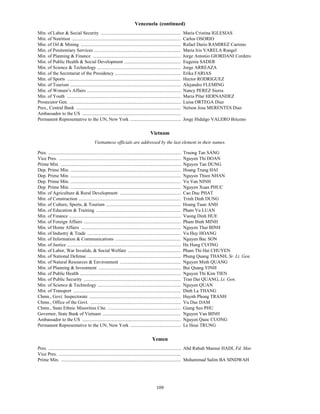 Venezuela (continued)
Min. of Labor & Social Security ....................................................................                      Maria Cristina IGLESIAS
Min. of Nutrition .............................................................................................           Carlos OSORIO
Min. of Oil & Mining .....................................................................................                Rafael Dario RAMIREZ Carreno
Min. of Penitentiary Services ..........................................................................                  Maria Iris VARELA Rangel
Min. of Planning & Finance ...........................................................................                    Jorge Antonio GIORDANI Cordero
Min. of Public Health & Social Development ................................................                               Eugenia SADER
Min. of Science & Technology .......................................................................                      Jorge ARREAZA
Min. of the Secretariat of the Presidency ........................................................                        Erika FARIAS
Min. of Sports .................................................................................................          Hector RODRIGUEZ
Min. of Tourism ..............................................................................................            Alejandro FLEMING
Min. of Women’s Affairs ................................................................................                  Nancy PEREZ Sierra
Min. of Youth .................................................................................................           Maria Pilar HERNANDEZ
Prosecutor Gen. ...............................................................................................           Luisa ORTEGA Diaz
Pres., Central Bank .........................................................................................             Nelson Jose MERENTES Diaz
Ambassador to the US ....................................................................................
Permanent Representative to the UN, New York ...........................................                                  Jorge Hidalgo VALERO Briceno

                                                                                             Vietnam
                                               Vietnamese officials are addressed by the last element in their names.

Pres. .................................................................................................................   Truong Tan SANG
Vice Pres. ........................................................................................................       Nguyen Thi DOAN
Prime Min. ......................................................................................................         Nguyen Tan DUNG
Dep. Prime Min. ..............................................................................................            Hoang Trung HAI
Dep. Prime Min. ..............................................................................................            Nguyen Thien NHAN
Dep. Prime Min. ..............................................................................................            Vu Van NINH
Dep. Prime Min. ..............................................................................................            Nguyen Xuan PHUC
Min. of Agriculture & Rural Development ....................................................                              Cao Duc PHAT
Min. of Construction .......................................................................................              Trinh Dinh DUNG
Min. of Culture, Sports, & Tourism ................................................................                       Hoang Tuan ANH
Min. of Education & Training ........................................................................                     Pham Vu LUAN
Min. of Finance ...............................................................................................           Vuong Dinh HUE
Min. of Foreign Affairs ...................................................................................               Pham Binh MINH
Min. of Home Affairs .....................................................................................                Nguyen Thai BINH
Min. of Industry & Trade ................................................................................                 Vu Huy HOANG
Min. of Information & Communications ........................................................                             Nguyen Bac SON
Min. of Justice .................................................................................................         Ha Hung CUONG
Min. of Labor, War Invalids, & Social Welfare .............................................                               Pham Thi Hai CHUYEN
Min. of National Defense ................................................................................                 Phung Quang THANH, Sr. Lt. Gen.
Min. of Natural Resources & Environment ....................................................                              Nguyen Minh QUANG
Min. of Planning & Investment ......................................................................                      Bui Quang VINH
Min. of Public Health ......................................................................................              Nguyen Thi Kim TIEN
Min. of Public Security ...................................................................................               Tran Dai QUANG, Lt. Gen.
Min. of Science & Technology .......................................................................                      Nguyen QUAN
Min. of Transport ............................................................................................            Dinh La THANG
Chmn., Govt. Inspectorate ..............................................................................                  Huynh Phong TRANH
Chmn., Office of the Govt. .............................................................................                  Vu Duc DAM
Chmn., State Ethnic Minorities Ctte. ..............................................................                       Giang Seo PHU
Governor, State Bank of Vietnam ...................................................................                       Nguyen Van BINH
Ambassador to the US ....................................................................................                 Nguyen Quoc CUONG
Permanent Representative to the UN, New York ...........................................                                  Le Hoai TRUNG

                                                                                               Yemen
Y




Pres. ................................................................................................................. Abd Rabuh Mansur HADI, Fd. Mar.
Vice Pres. ........................................................................................................
Prime Min. ...................................................................................................... Muhammad Salim BA SINDWAH




                                                                                                  109
 