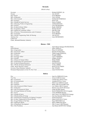 Bermuda
                                                                                         (British colony)

Governor .........................................................................................................        Richard GOZNEY, Sir
Premier ............................................................................................................      Alex SCOTT
Dep. Premier ...................................................................................................          Ewart BROWN
Min. of Education ...........................................................................................             Terry LISTER
Min. of Environment .......................................................................................               Neletha BUTTERFIELD
Min. of Finance ...............................................................................................           Paula COX
Min. of Health & Family Services ..................................................................                       Patrice PARRIS
Min. of Housing, Works, & Engineering ........................................................                            Ashfield DEVENT
Min. of Justice .................................................................................................         Larry MUSSENDEN
Min. of Labor & Home Affairs .......................................................................                      Randy NORTON
Min. of Legislative Affairs .............................................................................                 Michael SCOTT
Min. of Sports & Community Affairs .............................................................                          Dale BULTER
Min. of Tourism, Telecommunications, and e-Commerce .............................                                         Renee WEBB
Min. of Transport ............................................................................................            Ewart BROWN
Min. of Works, Engineering, Parks, & Housing .............................................                                Alex SCOTT
Attorney Gen. ..................................................................................................          Larry MUSSENDEN
Cabinet Sec. ....................................................................................................
Chmn., Bermuda Monetary Authority ............................................................

                                                                                       Bhutan—NDE
King ................................................................................................................     Jigme Khesar Namgyel WANGCHUCK
Prime Minister .................................................................................................          Jigme THINLEY
Min. of Agriculture .........................................................................................             Pema GYAMTSHO
Min. of Economic Affairs ...............................................................................                  Khandu WANGCHUK
Min. of Education ...........................................................................................             Thakur Singh POWDYEL
Min. of Finance ...............................................................................................           Wangdi NORBU
Min. of Foreign Affairs ...................................................................................               Ugyen TSHERING
Min. of Health .................................................................................................          Zangley DUKPA
Min. of Home & Cultural Affairs ...................................................................                       Minjur DORJI
Min. of Information & Communication .........................................................                             Nandalal RAI
Min. of Labor & Human Resources ................................................................                          Dorji WANGDI
Min. of Works & Human Settlements ............................................................                            Yeshey ZIMBA
Chmn., Royal Advisory Council .....................................................................                       Rinzin GYALTSHEN
Governor, Royal Monetary Authority ............................................................                           Daw TENZIN
Permanent Representative to the UN, New York ...........................................                                  Lhatu WANGCHUK

                                                                                               Bolivia
Pres. .................................................................................................................   Juan Evo MORALES Ayma
Vice Pres. ........................................................................................................       Alvaro GARCIA Linera
Min. of Autonomy ..........................................................................................               Claudia Stacy PENA Claros
Min. of Communication ..................................................................................                  Amanda DAVILA Torrez
Min. of Culture ...............................................................................................           Pablo Cesar GROUX Canedo
Min. of Defense ..............................................................................................            Ruben Aldo SAAVEDRA Soto
Min. of the Economy & Public Finances ........................................................                            Luis Alberto ARCE Catacora
Min. of Education ...........................................................................................             Roberto Ivan AGUILAR Gomez
Min. of the Environment & Water ..................................................................                        Felipe QUISPE Quenta
Min. of Foreign Relations & Worship ............................................................                          David CHOQUEHUANCA Cespedes
Min. of Govt. ..................................................................................................          Carlos ROMERO Bonifaz
Min. of Health & Sports .................................................................................                 Juan Carlos CALVIMONTES Camargo
Min. of Hydrocarbons & Energy ....................................................................                        Juan Jose Hernando SOSA Soruco
Min. of Institutional Transparency & Fighting Corruption ............................                                     Nardi SUXO Iturri
Min. of Labor, Employment, & Social Security .............................................                                Daniel SANTALLA Torrez
Min. of Legal Defense of the State .................................................................                      Hugo MONTERO Lara
Min. of Mining & Metals ................................................................................                  Mario VIRREYRA Iporre
Min. of Planning & Development ...................................................................                        Elba Viviana CARO Hinojosa
Min. of the Presidency ....................................................................................               Juan Ramon QUINTANA Taborga


                                                                                                   12
 