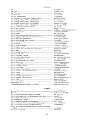 Cameroon
Pres. .................................................................................................................   Paul BIYA
Prime Min. ......................................................................................................         Philemon YANG
Dep. Prime Min. ..............................................................................................            Amadou ALI
Dep. Prime Min. ..............................................................................................            Jean NKUETE
Sec. Gen. of the Presidency ............................................................................                  Laurent ESSO
Min.-Delegate at the Presidency in Charge of Defense ..................................                                   Alain Mebe NGO’O
Min. in Charge of Special Duties at the Presidency .......................................                                Paul ATANGA NJI
Min. in Charge of Special Duties at the Presidency .......................................                                Victor MENGOT
Min. in Charge of Special Duties at the Presidency .......................................                                Hamadou MUSTAPHA
Min. in Charge of Special Duties at the Presidency .......................................                                Rene Emmanuel SADI
Min. of Agriculture & Rural Development ....................................................                              Jean NKUTE
Min. of Basic Education .................................................................................                 Alim YOUDDOUF
Min. of Commerce ..........................................................................................               Luc Magloire MBARGA ATANGANA
Min. of Communication ..................................................................................                  Issa Tchiroma BAKARY
Min. of Culture ...............................................................................................           Ama Tutu MUNA
Min. of Economy, Planning, & Regional Development .................................                                       Louis Paul MOTAZE
Min. of Employment & Professional & Technical Training ..........................                                         Zacharie PEREVET
Min. of Energy & Water Resources ................................................................                         Michael Ngako TOMDIO
Min. of Environment & Nature Protection .....................................................                             Pierre HELE
Min. of External Relations ..............................................................................                 Pierre Moukoko MBONJO
Min. of Finance ...............................................................................................           Lazare Essimi MENYE
Min. of Forestry & Wildlife ............................................................................                  Elvis NGOLLE NGOLLE
Min. of Higher Education ...............................................................................                  Jacques Fame NDONGO
Min. of Industry, Mines, & Technological Development ...............................                                      Badel Ndanga NDINGA
Min. of Justice .................................................................................................         Amadou ALI
Min. of Labor & Social Security ....................................................................                      Robert NKILI
Min. of Lands & Titles ...................................................................................                Jean-Baptiste BELEOKEN
Min. of Livestock & Fisheries ........................................................................                    Aboubakary SARKI
Min. of Post & Telecommunications ..............................................................                          Jean-Pierre Biyiti Bi ESSAM
Min. of Public Health ......................................................................................              Andre Mama FOUDA
Min. of Public Service & Admin. Reform ......................................................                             Emmanuel BONDE
Min. of Public Works ......................................................................................               Bernard Messengue AVOM
Min. of Scientific Research & Innovation ......................................................                           Madeleine TCHUENTE
Min. of Secondary Education .........................................................................                     Louis BAPES BAPES
Min. of Social Affairs .....................................................................................              Catherine Bakang MBOCK
Min. of Sports & Physical Education .............................................................                         Michel ZOA
Min. of Territorial Admin. & Decentralization ..............................................                              Hamidou Yaya MARAFA
Min. of Tourism ..............................................................................................            Baba HAMADOU
Min. of Transport ............................................................................................            Bello Bouba MAIGARI
Min. of Urban Development & Housing ........................................................                              Colbert TCHATAT
Min. of Women & Family Protection .............................................................                           Marie Theresa Abena ONDOA
Min. of Youth .................................................................................................           Adoum GAROUA
Governor, Central Bank ..................................................................................                 Philibert ANDZEMBE
Ambassador to the US ....................................................................................                 Joseph FOE-ATANGANA
Permanent Representative to the UN, New York ...........................................                                  Michel Tommo MONTHE

                                                                                              Canada
Governor Gen. ................................................................................................            David JOHNSTON
Prime Min. ......................................................................................................         Stephen Joseph HARPER
Min. of Aboriginal Affairs & Northern Development ....................................                                    John DUNCAN
Min. of Agriculture & Agri-Food & the Canadian Wheat Board ...................                                            Gerry RITZ
Min. for the Asia-Pacific Gateway .................................................................                       Edward FAST
Min. for the Atlantic Gateway ........................................................................                    Keith ASHFIELD
Min. of Canadian Heritage & Official Languages ..........................................                                 James MOORE
Min. of the Canadian Northern Economic Development Agency ..................                                              Leona AGLUKKAQ
Min. of Citizenship, Immigration, & Multiculturalism ..................................                                   Jason KENNEY
Min. of the Economic Development Agency of Canada for the Regions
  of Quebec ....................................................................................................          Denis LEBEL
Min. of the Environment .................................................................................                 Peter KENT


                                                                                                   19
 