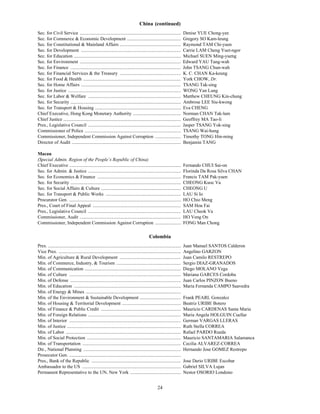 China (continued)
Sec. for Civil Service ......................................................................................             Denise YUE Chong-yee
Sec. for Commerce & Economic Development ..............................................                                   Gregory SO Kam-leung
Sec. for Constitutional & Mainland Affairs ....................................................                           Raymond TAM Chi-yuen
Sec. for Development .....................................................................................                Carrie LAM Cheng Yuet-ngor
Sec. for Education ...........................................................................................            Michael SUEN Ming-yueng
Sec. for Environment ......................................................................................               Edward YAU Tang-wah
Sec. for Finance ..............................................................................................           John TSANG Chun-wah
Sec. for Financial Services & the Treasury ....................................................                           K. C. CHAN Ka-keung
Sec. for Food & Health ...................................................................................                York CHOW, Dr.
Sec. for Home Affairs .....................................................................................               TSANG Tak-sing
Sec. for Justice ................................................................................................         WONG Yan Lung
Sec. for Labor & Welfare ...............................................................................                  Matthew CHEUNG Kin-chung
Sec. for Security ..............................................................................................          Ambrose LEE Siu-kwong
Sec. for Transport & Housing .........................................................................                    Eva CHENG
Chief Executive, Hong Kong Monetary Authority .........................................                                   Norman CHAN Tak-lam
Chief Justice ....................................................................................................        Geoffrey MA Tao-li
Pres., Legislative Council ...............................................................................                Jasper TSANG Yok-sing
Commissioner of Police ..................................................................................                 TSANG Wai-hung
Commissioner, Independent Commission Against Corruption ......................                                            Timothy TONG Hin-ming
Director of Audit .............................................................................................           Benjamin TANG

Macau
(Special Admin. Region of the People’s Republic of China)
Chief Executive ...............................................................................................           Fernando CHUI Sai-on
Sec. for Admin. & Justice ...............................................................................                 Florinda Da Rosa Silva CHAN
Sec. for Economics & Finance .......................................................................                      Francis TAM Pak-yuen
Sec. for Security ..............................................................................................          CHEONG Kuoc Va
Sec. for Social Affairs & Culture ....................................................................                    CHEONG U
Sec. for Transport & Public Works ................................................................                        LAU Si Io
Procurator Gen. ...............................................................................................           HO Chio Meng
Pres., Court of Final Appeal ...........................................................................                  SAM Hou Fai
Pres., Legislative Council ...............................................................................                LAU Cheok Va
Commissioner, Audit ......................................................................................                HO Veng On
Commissioner, Independent Commission Against Corruption ......................                                            FONG Man Chong

                                                                                            Colombia
Pres. .................................................................................................................   Juan Manuel SANTOS Calderon
Vice Pres. ........................................................................................................       Angelino GARZON
Min. of Agriculture & Rural Development ....................................................                              Juan Camilo RESTREPO
Min. of Commerce, Industry, & Tourism .......................................................                             Sergio DIAZ-GRANADOS
Min. of Communication ..................................................................................                  Diego MOLANO Vega
Min. of Culture ...............................................................................................           Mariana GARCES Cordoba
Min. of Defense ..............................................................................................            Juan Carlos PINZON Bueno
Min. of Education ...........................................................................................             Maria Fernanda CAMPO Saavedra
Min. of Energy & Mines .................................................................................
Min. of the Environment & Sustainable Development ...................................                                     Frank PEARL Gonzalez
Min. of Housing & Territorial Development ..................................................                              Beatriz URIBE Botero
Min. of Finance & Public Credit ....................................................................                      Mauricio CARDENAS Santa Maria
Min. of Foreign Relations ...............................................................................                 Maria Angela HOLGUIN Cuellar
Min. of Interior ...............................................................................................          German VARGAS LLERAS
Min. of Justice .................................................................................................         Ruth Stella CORREA
Min. of Labor ..................................................................................................          Rafael PARDO Rueda
Min. of Social Protection ................................................................................                Mauricio SANTAMARIA Salamanca
Min. of Transportation ....................................................................................               Cecilia ALVAREZ-CORREA
Dir., National Planning ...................................................................................               Hernando Jose GOMEZ Restrepo
Prosecutor Gen. ...............................................................................................
Pres., Bank of the Republic ............................................................................                  Jose Dario URIBE Escobar
Ambassador to the US ....................................................................................                 Gabriel SILVA Lujan
Permanent Representative to the UN, New York ...........................................                                  Nestor OSORIO Londono


                                                                                                   24
 