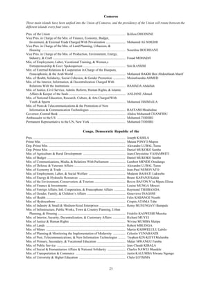 Comoros
Three main islands have been unified into the Union of Comoros, and the presidency of the Union will rotate between the
different islands every four years.

Pres. of the Union ...........................................................................................            Ikililou DHOININE
Vice Pres. in Charge of the Min. of Finance, Economy, Budget,
  Investment, & External Trade Charged With Privatization ........................                                        Mohamed Ali SOILIHI
Vice Pres. in Charge of the Min. of Land Planning, Urbanism, &
  Housing .......................................................................................................         Nourdine BOURHANE
Vice Pres. in Charge of the Min. of Production, Environment, Energy,
  Industry, & Craft .........................................................................................             Fouad MOHADJI
Min. of Employment, Labor, Vocational Training, & Women,s
  Entrepreneurship & Govt. Spokesperson ....................................................                              Sitti KASSIM
Min. of External Relations & Cooperation in Charge of the Diaspora,
  Francophonie, & the Arab World ...............................................................                          Mohamed BAKRI Ben Abdoulfatah Sharif
Min. of Health, Solidarity, Social Cohesion, & Gender Promotion ...............                                           Moinafouraha AHMED
Min. of the Interior, Information, & Decentralization Charged With
  Relations With the Institutions ...................................................................                     HAMADA Abdallah
Min. of Justice, Civil Service, Admin. Reform, Human Rights, & Islamic
  Affairs & Keeper of the Seals .....................................................................                     ANLIANE Ahmed
Min. of National Education, Research, Culture, & Arts Charged With
  Youth & Sports ...........................................................................................              Mohamed ISSIMAILA
Min. of Posts & Telecommunications & the Promotion of New
  Information & Communication Technologies ............................................                                   RASTAMI Mouhidine
Governor, Central Bank ..................................................................................                 Abdou Mohamed CHANFIOU
Ambassador to the US ....................................................................................                 Mohamed TOIHIRI
Permanent Representative to the UN, New York ...........................................                                  Mohamed TOIHIRI

                                                                    Congo, Democratic Republic of the
Pres. .................................................................................................................   Joseph KABILA
Prime Min. ......................................................................................................         Matata PONYO Mapon
Dep. Prime Min. ..............................................................................................            Alexandre LUBAL Tamu
Dep. Prime Min. ..............................................................................................            Daniel MUKOKO Samba
Min. of Agriculture & Rural Development ....................................................                              Jean-Chrysistine VAHAMWITI
Min. of Budget ................................................................................................           Daniel MUKOKO Samba
Min. of Communications, Media, & Relations With Parliament ...................                                            Lambert MENDE Omalanga
Min. of Defense & Veterans Affairs ...............................................................                        Alexandre LUBAL Tamu
Min. of Economy & Trade ..............................................................................                    Jean-Paul NEMOYATO
Min. of Employment, Labor, & Social Welfare .............................................                                 Modeste BAHATI Lukwebo
Min. of Energy & Hydraulic Resources .........................................................                            Bruno KAPANJI Kalala
Min. of the Environment, Conservation, & Tourism ......................................                                   Bavon BAVON N’sa Mputu Elima
Min. of Finance & Investments ......................................................................                      Louise MUNGA Mesozi
Min. of Foreign Affairs, Intl. Cooperation, & Francophone Affairs ..............                                          Raymond TSHIBANDA
Min. of Gender, Family, & Children’s Affairs ...............................................                              Genevieve INAGOSI
Min. of Health .................................................................................................          Felix KABANGE Numbi
Min. of Hydrocarbons .....................................................................................                Crispin ATAMA Tabe
Min. of Industry & Small & Medium-Sized Enterprises ................................                                      Remy MUSUNGAYI Bampale
Min. of Infrastructure, Public Works, Town & Country Planning, Urban
  Planning, & Housing ...................................................................................                 Fridolin KASWESHI Musoka
Min. of Interior, Security, Decentralization, & Customary Affairs ................                                        Richard MUYEJ
Min. of Justice & Human Rights ....................................................................                       Wivine MUMBA Matipa
Min. of Lands ..................................................................................................          Robert MBUINGA
Min. of Mines .................................................................................................           Martin KABWELULU Labilo
Min. of Planning & Monitoring the Implementation of Modernity ...............                                             Celestin VUNABANDI
Min. of Post, Telecommunications, & New Information Technologies .........                                                Tryphon KIN-KIEYI Mulumba
Min. of Primary, Secondary, & Vocational Education ...................................                                    Maker MWANGU Famba
Min. of Public Service ....................................................................................               Jean Claude KIBALA
Min. of Social & Humanitarian Affairs & National Solidarity ......................                                        Charles NAWEJ Mundele
Min. of Transportation & Commerce .............................................................                           Justin KALUMBA Mwana Ngongo
Min. of University & Higher Education .........................................................                           Chelo LOTSIMA


                                                                                                   25
 