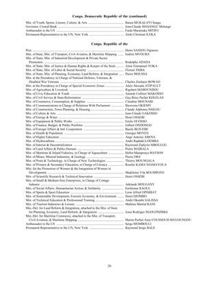Congo, Democratic Republic of the (continued)
Min. of Youth, Sports, Leisure, Culture, & Arts ............................................                              Banza MUKALAYI Sungu
Governor, Central Bank ..................................................................................                 Jean-Claude MASANGU Mulongo
Ambassador to the US ....................................................................................                 Faida Maramuke MITIFU
Permanent Representative to the UN, New York ...........................................                                  Atoki Christian ILEKA

                                                                               Congo, Republic of the
Pres. .................................................................................................................   Denis SASSOU-Nguesso
Min. of State, Min. of Transport, Civil Aviation, & Maritime Shipping .......                                             Isidore MVOUBA
Min. of State, Min. of Industrial Development & Private Sector
  Promotion ....................................................................................................          Rodolphe ADADA
Min. of State, Min. of Justice & Human Rights & Keeper of the Seals .........                                             Aime Emmanuel YOKA
Min. of State, Min. of Labor & Social Security .............................................                              Florent TSIBA
Min. of State, Min. of Planning, Economy, Land Reform, & Integration ......                                               Pierre MOUSSA
Min. at the Presidency in Charge of National Defense, Veterans, &
  Disabled War Veterans ...............................................................................                   Charles Zacharie BOWAO
Min. at the Presidency in Charge of Special Economic Zones .......................                                        Alain Akouala ATIPAULT
Min. of Agriculture & Livestock ....................................................................                      Rigobert MABOUNDOU
Min. of Civic Education & Youth ..................................................................                        Anatole Collinet MAKOSSO
Min. of Civil Service & State Reformation ....................................................                            Guy Brice Parfait KOLELAS
Min. of Commerce, Consumption, & Supplies ..............................................                                  Claudine MOUNARI
Min. of Communications in Charge of Relations With Parliament ................                                            Bienvenu OKIEMY
Min. of Construction, Town Planning, & Housing .........................................                                  Claude Alphonse NSILOU
Min. of Culture & Arts ...................................................................................                Jean-Claude GAKOSSO
Min. of Energy & Water .................................................................................                  Henri OSSEBI
Min. of Equipment & Public Works ...............................................................                          Emile OUOSSO
Min. of Finance, Budget, & Public Portfolio ..................................................                            Gilbert ONDONGO
Min. of Foreign Affairs & Intl. Cooperation ..................................................                            Basile IKOUEBE
Min. of Health & Population ..........................................................................                    Georges MOYEN
Min. of Higher Education ...............................................................................                  Ange Antoine ABENA
Min. of Hydrocarbons .....................................................................................                Andri Raphakl LOEMBA
Min. of Interior & Decentrialization ...............................................................                      Raymond Ziphyrin MBOULOU
Min. of Land Affairs & Public Domain ..........................................................                           Pierre MABIALA
Min. of Maritime & Inland Fisheries, in Charge of Aquaculture ...................                                         Hellot Mampouya MATSON
Min. of Mines, Mineral Industries, & Geology ..............................................                               Pierre OBA
Min. of Posts & Technology, in Charge of New Technologies ......................                                          Thierry MOUNGALA
Min. of Primary & Secondary Education, in Charge of Literacy ...................                                          Rosalie KAMA NIAMAYOUA
Min. for the Promotion of Women & the Integration of Women in
  Development ...............................................................................................             Madeleine Yila BOUMPOTO
Min. of Scientific Research & Technical Innovation .....................................                                  Henri OSSEBI
Min. of Small & Medium-Size Enterprises, in Charge of Cottage
  Industry .......................................................................................................        Adelaide MOUGANY
Min. of Social Affairs, Humanitarian Action, & Solidarity ...........................                                     Emilienne RAOUL
Min. of Sports & Sport Education ..................................................................                       Leon Alfred OPIMBAT
Min. of Sustainable Development, Forestry Economy, & Environment ........                                                 Henri DJOMBO
Min. of Technical Education & Professional Training ...................................                                   Andri Okombi SALISSA
Min. of Tourism Industries & Leisure ............................................................                         Mathieu Martial KANI
Min.-Del. for Land Reform & Integration, attached to the Min. of State
  for Planning, Economy, Land Reform, & Integration ................................                                      Josui Rodrigue NGOUONIMBA
Min.-Del. for Maritime Commerce, attached to the Min. of Transport,
  Civil Aviation, & Maritime Shipping .........................................................                           Martin Parfait Aimi COUSSOUD MAVOUNGOU
Ambassador to the US ....................................................................................                 Serge MOMBOULI
Permanent Representative to the UN, New York ...........................................                                  Raymond Serge BALE




                                                                                                   26
 