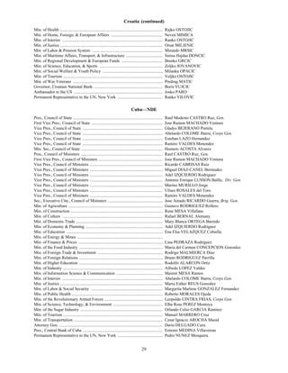 Croatia (continued)
Min. of Health .................................................................................................    Rajko OSTOJIC
Min. of Home, Foreign, & European Affairs .................................................                         Neven MIMICA
Min. of Interior ...............................................................................................    Ranko OSTOJIC
Min. of Justice .................................................................................................   Orsat MILJENIC
Min. of Labor & Pension System ...................................................................                  Mirando MRSIC
Min. of Maritime Affairs, Transport, & Infrastructure ...................................                           Sinisa Hajdas DONCIC
Min. of Regional Development & European Funds .......................................                               Branko GRCIC
Min. of Science, Education, & Sports ............................................................                   Zeljko JOVANOVIC
Min. of Social Welfare & Youth Policy .........................................................                     Milanka OPACIC
Min. of Tourism ..............................................................................................      Veljko OSTOJIC
Min. of War Veterans .....................................................................................          Predrag MATIC
Governor, Croatian National Bank .................................................................                  Boris VUJCIC
Ambassador to the US ....................................................................................           Josko PARO
Permanent Representative to the UN, New York ...........................................                            Ranko VILOVIC

                                                                                     Cuba—NDE
Pres., Council of State .....................................................................................       Raul Modesto CASTRO Ruz, Gen.
First Vice Pres., Council of State ....................................................................             Jose Ramon MACHADO Ventura
Vice Pres., Council of State ............................................................................           Gladys BEJERANO Portela
Vice Pres., Council of State ............................................................................           Abelardo COLOME Ibarra, Corps Gen.
Vice Pres., Council of State ............................................................................           Esteban LAZO Hernandez
Vice Pres., Council of State ............................................................................           Ramiro VALDES Menendez
Min. Sec., Council of State .............................................................................           Homero ACOSTA Alvarez
Pres., Council of Ministers .............................................................................           Raul CASTRO Ruz, Gen.
First Vice Pres., Council of Ministers .............................................................                Jose Ramon MACHADO Ventura
Vice Pres., Council of Ministers .....................................................................              Ricardo CABRISAS Ruiz
Vice Pres., Council of Ministers .....................................................................              Miguel DIAZ-CANEL Bermudez
Vice Pres., Council of Ministers .....................................................................              Adel IZQUIERDO Rodriguez
Vice Pres., Council of Ministers .....................................................................              Antonio Enrique LUSSON Batlle, Div. Gen.
Vice Pres., Council of Ministers .....................................................................              Marino MURILLO Jorge
Vice Pres., Council of Ministers .....................................................................              Ulises ROSALES del Toro
Vice Pres., Council of Ministers .....................................................................              Ramiro VALDES Menendez
Sec., Executive Ctte., Council of Ministers ....................................................                    Jose Amado RICARDO Guerra, Brig. Gen.
Min. of Agriculture .........................................................................................       Gustavo RODRIGUEZ Rollero
Min. of Construction .......................................................................................        Rene MESA Villafana
Min. of Culture ...............................................................................................     Rafael BERNAL Alemany
Min. of Domestic Trade ..................................................................................           Mary Blanca ORTEGA Barredo
Min. of Economy & Planning .........................................................................                Adel IZQUIERDO Rodriguez
Min. of Education ...........................................................................................       Ena Elsa VELAZQUEZ Cobiella
Min. of Energy & Mines .................................................................................
Min. of Finance & Prices ................................................................................           Lina PEDRAZA Rodriguez
Min. of the Food Industry ...............................................................................           Maria del Carmen CONCEPCION Gonzalez
Min. of Foreign Trade & Investment ..............................................................                   Rodrigo MALMIERCA Diaz
Min. of Foreign Relations ...............................................................................           Bruno RODRIGUEZ Parrilla
Min. of Higher Education ...............................................................................            Rodolfo ALARCON Ortiz
Min. of Industry ..............................................................................................     Alfredo LOPEZ Valdes
Min. of Information Science & Communication ............................................                            Maimir MESA Ramos
Min. of Interior ...............................................................................................    Abelardo COLOME Ibarra, Corps Gen.
Min. of Justice .................................................................................................   Maria Esther REUS Gonzalez
Min. of Labor & Social Security ....................................................................                Margarita Marlene GONZALEZ Fernandez
Min. of Public Health ......................................................................................        Roberto MORALES Ojeda
Min. of the Revolutionary Armed Forces .......................................................                      Leopoldo CINTRA FRIAS, Corps Gen.
Min. of Science, Technology, & Environment ...............................................                          Elba Rose PEREZ Montoya
Min. of the Sugar Industry ..............................................................................           Orlando Celso GARCIA Ramirez
Min. of Tourism ..............................................................................................      Manuel MARRERO Cruz
Min. of Transportation ....................................................................................         Cesar Ignacio AROCHA Masid
Attorney Gen. ..................................................................................................    Dario DELGADO Cura
Pres., Central Bank of Cuba ............................................................................            Ernesto MEDINA Villaveiran
Permanent Representative to the UN, New York ...........................................                            Pedro NUNEZ Mosquera


                                                                                              29
 