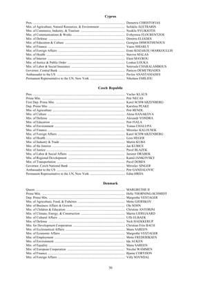 Cyprus
Pres. .................................................................................................................   Demetris CHRISTOFIAS
Min. of Agriculture, Natural Resources, & Environment ...............................                                     Sofoklis ALETRARIS
Min. of Commerce, Industry, & Tourism .......................................................                             Neoklis SYLIKIOTIS
Min. of Communications & Works ................................................................                           Evthymios FLOURENTZOS
Min. of Defense ..............................................................................................            Dimitris ELIADES
Min. of Education & Culture ..........................................................................                    Georgios DIMOSTHENOUS
Min. of Finance ...............................................................................................           Vasos SHIARLY
Min. of Foreign Affairs ...................................................................................               Erato KOZAKOU-MARKOULLIS
Min. of Health .................................................................................................          Stavros MALAS
Min. of Interior ...............................................................................................          Eleni MAVROU
Min. of Justice & Public Order .......................................................................                    Loukas LOUKA
Min. of Labor & Social Insurance ..................................................................                       Sotiroula CHARALAMBOUS
Governor, Central Bank ..................................................................................                 Panicos DEMETRIADES
Ambassador to the US ....................................................................................                 Pavlos ANASTASIADES
Permanent Representative to the UN, New York ...........................................                                  Nikolaos EMILIOU

                                                                                      Czech Republic
Pres. .................................................................................................................   Vaclav KLAUS
Prime Min. ......................................................................................................         Petr NECAS
First Dep. Prime Min. .....................................................................................               Karel SCHWARZENBERG
Dep. Prime Min. ..............................................................................................            Karolina PEAKE
Min. of Agriculture .........................................................................................             Petr BENDL
Min. of Culture ...............................................................................................           Alena HANAKOVA
Min. of Defense ..............................................................................................            Alexandr VONDRA
Min. of Education ...........................................................................................             Petr FIALA
Min. of Environment .......................................................................................               Tomas CHALUPA
Min. of Finance ...............................................................................................           Miroslav KALOUSEK
Min. of Foreign Affairs ...................................................................................               Karel SCHWARZENBERG
Min. of Health .................................................................................................          Leos HEGER
Min. of Industry & Trade ................................................................................                 Martin KUBA
Min. of the Interior ..........................................................................................           Jan KUBICE
Min. of Justice .................................................................................................         Pavel BLAZEK
Min. of Labor & Social Affairs ......................................................................                     Jaromir DRABEK
Min. of Regional Development ......................................................................                       Kamil JANKOVSKY
Min. of Transportation ....................................................................................               Pavel DOBES
Governor, Czech National Bank .....................................................................                       Miroslav SINGER
Ambassador to the US ....................................................................................                 Petr GANDALOVIC
Permanent Representative to the UN, New York ...........................................                                  Edita HRDA

                                                                                            Denmark
D




Queen ..............................................................................................................      MARGRETHE II
Prime Min. ......................................................................................................         Helle THORNING-SCHMIDT
Dep. Prime Min. ..............................................................................................            Margrethe VESTAGER
Min. of Agriculture, Food, & Fisheries ..........................................................                         Mette GJERSKOV
Min. of Business Affairs & Growth ................................................................                        Ole SOHN
Min. of Children & Education ........................................................................                     Christine ANTORINI
Min. of Climate, Energy, & Construction ......................................................                            Martin LIDEGAARD
Min. of Cultural Affairs ..................................................................................               Uffe ELBAEK
Min. of Defense ..............................................................................................            Nick HAEKKERUP
Min. for Development Cooperation ................................................................                         Christian Friis BACH
Min. of Ecclesiastical Affairs .........................................................................                  Manu SAREEN
Min. of Economic Affairs ...............................................................................                  Margrethe VESTAGER
Min. of Employment .......................................................................................                Mette FREDERIKSEN
Min. of Environment .......................................................................................               Ida AUKEN
Min. of Equality ..............................................................................................           Manu SAREEN
Min. of European Cooperation .......................................................................                      Nicolai WAMMEN
Min. of Finance ...............................................................................................           Bjarne CORYDON
Min. of Foreign Affairs ...................................................................................               Villy SOVNDAL


                                                                                                   30
 