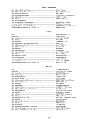 Eritrea (continued)
Min. of Labor & Human Welfare ...................................................................                         SALMA Hassen
Min. of Land, Water, & Environment ............................................................                           TESFAI Ghebreselassie
Min. of Maritime Resources ...........................................................................                    SALEH Meki
Min. of National Development .......................................................................                      GHIORGHISH Teklemichael, Dr.
Min. of Public Works ......................................................................................               ABRAHA Asfaha
Min. of Tourism ..............................................................................................            ASKALU Menkerios
Min. of Trade & Industry ................................................................................
Min. of Transport & Communications ...........................................................                            WOLDENKIEL Abraha
Governor, Bank of Eritrea (Acting) ................................................................                       KIBREAB Woldemariam
Charge d’Affaires, Embassy, Washington ......................................................                             BERHANE Gebrehiwet Solomon
Permanent Representative to the UN, New York ...........................................                                  ARAYA Desta

                                                                                              Estonia
Pres. .................................................................................................................   Toomas Hendrik ILVES
Prime Min. ......................................................................................................         Andrus ANSIP
Min. of Agriculture .........................................................................................             Helir-Valdor SEEDER
Min. of Culture ...............................................................................................           Rein LANG
Min. of Defense ..............................................................................................            Urmas REINSALU
Min. of Economic Affairs & Communications ..............................................                                  Juhan PARTS
Min. of Education & Research .......................................................................                      Jaak AAVIKSOO
Min. of Environment .......................................................................................               Keit PENTUS
Min. of Finance ...............................................................................................           Jurgen LIGI
Min. of Foreign Affairs ...................................................................................               Urmas PAET
Min. of Internal Affairs ...................................................................................              Ken MARTI-VAHER
Min. of Justice .................................................................................................         Kristen MICHAL
Min. of Regional Affairs .................................................................................                Siim-Valmar KIISLER
Min. of Social Affairs .....................................................................................              Hanno PEVKUR
Governor, Bank of Estonia .............................................................................                   Andres LIPSTOK
Ambassador to the US ....................................................................................                 Marina KALJURAND
Permanent Representative to the UN, New York ...........................................                                  Margus KOLGA

                                                                                             Ethiopia
Pres. .................................................................................................................   GIRMA Woldegiorgis
Prime Min. ......................................................................................................         HAILEMARIAM Desalegn
Dep. Prime Min. ..............................................................................................            DEMEKE Mekonnen
Min. of Agriculture .........................................................................................             TEFERA Deribew
Min. of Cabinet Affairs ...................................................................................               DEMISSE Shito
Min. of Civil Service ......................................................................................              JUNEIDI Sado
Min. of Communication & Information Technology .....................................                                      DEBRETSION Gebre-Michael
Min. of Culture & Tourism .............................................................................                   AMIN Abdulkadir
Min. of Defense ..............................................................................................            SIRAJ Fegesa
Min. of Education ...........................................................................................             DEMEKE Mekonnen
Min. of Federal Affairs ...................................................................................               SHIFERAW Tekle-Mariam
Min. of Finance & Economic Development ...................................................                                SUFIAN Ahmed
Min. of Foreign Affairs ...................................................................................               HAILEMARIAM Desalegn
Min. of Health .................................................................................................          TEWODROS Adhanom
Min. of Industry ..............................................................................................           MEKONNEN Manyazewal
Min. of Justice .................................................................................................         BIRHAN Hailu
Min. of Labor & Social Affairs ......................................................................                     ABDULFETAH Abdulahi Hassen
Min. of Mines .................................................................................................           SINKINESH Ejigu
Min. of Science & Technology .......................................................................                      DESSIE Dalke
Min. of Trade ..................................................................................................          KEBEDE Chane
Min. of Transport ............................................................................................            DIRIBA Kuma
Min. of Urban Development & Construction .................................................                                MEKURIA Haile
Min. of Water & Energy .................................................................................                  ALEMAYEHU Tegenu
Min. of Women, Children, & Youth Affairs ..................................................                               ZENEBU Tadesse




                                                                                                   35
 
