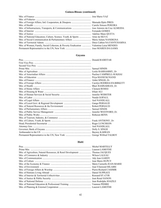 Guinea-Bissau (continued)
Min. of Finance ...............................................................................................           Jose Mario VAZ
Min. of Fisheries .............................................................................................
Min. of Foreign Affairs, Intl. Cooperation, & Diaspora .................................                                  Mamadu Djalo PIRES
Min. of Health .................................................................................................          Camilo Simoes PEREIRA
Min. of Infrastructures, Transports, & Communications ................................                                    Jose Antonio da Cruz ALMEIDA
Min. of Interior ...............................................................................................          Fernando GOMES
Min. of Justice .................................................................................................         Adelino Mano QUETA
Min. of National Education, Culture, Science, Youth, & Sports ....................                                        Artur da SILVA
Min. of Social Communication & Parliamentary Affairs ...............................                                      Maria Adiatu NANDIGNA
Min. of Territorial Admin. ..............................................................................                 Dinis Cablon NA FANTCHAMNA
Min. of Women, Family, Social Cohesion, & Poverty Eradication ...............                                             Valentina Luisa MENDES
Permanent Representative to the UN, New York ...........................................                                  Joao SOARES DA GAMA

                                                                                              Guyana
Pres. .................................................................................................................   Donald RAMOTAR
First Vice Pres. ................................................................................................
Second Vice Pres. ...........................................................................................
Prime Min. ......................................................................................................         Samuel HINDS
Min. of Agriculture .........................................................................................             Leslie RAMSAMMY, Dr.
Min. of Amerindian Affairs ............................................................................                   Pauline CAMPBELL-SUKHAI
Min. of Education ...........................................................................................             Priya MANICKCHAND
Min. of Finance ...............................................................................................           Ashni SINGH, Dr.
Min. of Foreign Affairs ...................................................................................               Carolyn RODRIGUES-BIRKETT
Min. of Health .................................................................................................          Bheri RAMSARRAN, Dr.
Min. of Home Affairs .....................................................................................                Clement ROHEE
Min. of Housing & Water ...............................................................................                   Irfaan ALI
Min. of Human Services & Social Security ....................................................                             Jennifer WEBSTER
Min. of Labor ..................................................................................................          Nanda GOPAUL
Min. of Legal Affairs ......................................................................................              Anil NANDLALL
Min. of Local Govt. & Regional Development ..............................................                                 Ganga PERSAUD
Min. of Natural Resources & the Environment ..............................................                                Robert PERSAUD
Min. of Parliamentary Affairs .........................................................................                   Samuel HINDS
Min. of Public Service Management ..............................................................                          Jennifer WESTFORD, Dr.
Min. of Public Works ......................................................................................               Robeson BENN
Min. of Tourism, Industry, & Commerce .......................................................
Min. of Culture, Youth, & Sports ...................................................................                      Frank ANTHONY, Dr.
Head, Presidential Secretariat .........................................................................                  Roger LUNCHEON
Attorney Gen. ..................................................................................................          Anil NANDLALL
Governor, Bank of Guyana .............................................................................                    Dolly S. SINGH
Ambassador to the US ....................................................................................                 Bayney KARRAN
Permanent Representative to the UN, New York ...........................................                                  George Wilfred TALBOT

                                                                                                Haiti
H




Pres. .................................................................................................................   Michel MARTELLY
Prime Min. ......................................................................................................         Laurent LAMOTHE
Min. of Agriculture, Natural Resources, & Rural Development ....................                                          Thomas JACQUES
Min. of Commerce & Industry .......................................................................                       Wilson LALEAU
Min. of Communication ..................................................................................                  Ady Jean GARDY
Min. of Culture ...............................................................................................           Jean Mario DUPUY
Min. of the Economy & Finance ....................................................................                        Marie Carmelle JEAN-MARIE
Min. of Environment .......................................................................................               Jean Vilamond HILAIRE
Min. of Foreign Affairs & Worship ................................................................                        Pierre-Richard CASIMIR
Min. of Haitians Living Abroad .....................................................................                      Daniel SUPPLICE
Min. of Interior & Territorial Collectivities ....................................................                        Ronsard ST.-CYR
Min. of Justice & Public Security ...................................................................                     Jean Renel SANON
Min. of National Defense ................................................................................                 Jean Rodolphe JOAZILE
Min. of National Education & Professional Training .....................................                                  Vanneur PIERRE
Min. of Planning & External Cooperation ......................................................                            Laurent LAMOTHE


                                                                                                   42
 