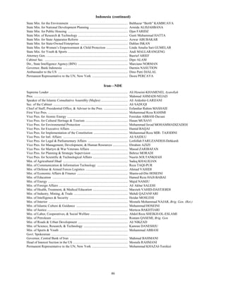 Indonesia (continued)
State Min. for the Environment ......................................................................                     Balthazar “Berth” KAMBUAYA
State Min. for National Development Planning ..............................................                               Armida ALISJAHBANA
State Min. for Public Housing ........................................................................                    Djan FARIDZ
State Min. of Research & Technology ............................................................                          Gusti Muhammad HATTA
State Min. for State Apparatus Reform ..........................................................                          Azwar ABUBAKAR
State Min. for State-Owned Enterprises .........................................................                          Dahlan ISKAN
State Min. for Women’s Empowerment & Child Protection ..........................                                          Linda Amalia Sari GUMELAR
State Min. for Youth & Sports ........................................................................                    Andi MALLARANGENG
Attorney Gen. ..................................................................................................          Basrief ARIEF
Cabinet Sec. ....................................................................................................         Dipo ALAM
Dir., State Intelligence Agency (BIN) ............................................................                        Marciano NORMAN
Governor, Bank Indonesia ..............................................................................                   Darmin NASUTION
Ambassador to the US ....................................................................................                 Dino Patti DJALAL
Permanent Representative to the UN, New York ...........................................                                  Desra PERCAYA

                                                                                          Iran—NDE
Supreme Leader ..............................................................................................             Ali Hoseini-KHAMENEI, Ayatollah
Pres. .................................................................................................................   Mahmud AHMADI-NEJAD
Speaker of the Islamic Consultative Assembly (Majles) ................................                                    Ali Ardeshir-LARIJANI
Sec. of the Cabinet ..........................................................................................            Ali SADUQI
Chief of Staff, Presidential Office, & Adviser to the Pres. .............................                                 Esfandiar Rahim MASHAIE
First Vice Pres. ................................................................................................         Mohammad Reza RAHIMI
Vice Pres. for Atomic Energy .........................................................................                    Fereidun ABBASI-Davani
Vice Pres. for Cultural Heritage & Tourism ...................................................                            Hasan MUSAVI
Vice Pres. for Environmental Protection ........................................................                          Mohammad Javad MOHAMMADIZADEH
Vice Pres. for Executive Affairs .....................................................................                    Hamid BAQAI
Vice Pres. for Implementation of the Constitution .........................................                               Mohammad Reza MIR- TAJODINI
Vice Pres. for Intl. Affairs ..............................................................................               Ali SAIDLU
Vice Pres. for Legal & Parliamentary Affairs ................................................                             Lotfollah FARUZANDEH-Dehkardi
Vice Pres. for Management, Development, & Human Resources ..................                                              Ebrahim AZIZI
Vice Pres. for Martyrs & War Veterans Affairs .............................................                               Masud ZARIBAFAN
Vice Pres. for Planning & Strategic Supervision ............................................                              Behruz MORADI
Vice Pres. for Scientific & Technological Affairs ..........................................                              Nasrin SOLTANKHAH
Min. of Agricultural Jihad ..............................................................................                 Sadeq KHALILIAN
Min. of Communication & Information Technology .....................................                                      Reza TAQI-PUR
Min. of Defense & Armed Forces Logistics ...................................................                              Ahmad VAHIDI
Min. of Economic Affairs & Finance .............................................................                          Shams-ed-Din HOSEINI
Min. of Education ...........................................................................................             Hamed Reza HAJI-BABAI
Min. of Energy ................................................................................................           Majid NAMJU
Min. of Foreign Affairs ...................................................................................               Ali Akbar SALEHI
Min. of Health, Treatment, & Medical Education ..........................................                                 Marzieh VAHID-DASTJERDI
Min. of Industry, Mining, & Trade .................................................................                       Mehdi QAZANFARI
Min. of Intelligence & Security ......................................................................                    Heidar MOSLEHI
Min. of Interior ...............................................................................................          Mostafa Mohammad NAJAR, Brig. Gen. (Ret.)
Min. of Islamic Culture & Guidance ..............................................................                         Mohammad HOSEINI
Min. of Justice .................................................................................................         Morteza BAKHTIARI
Min. of Labor, Cooperatives, & Social Welfare .............................................                               Abdol Reza SHEIKH-OL-ESLAMI
Min. of Petroleum ...........................................................................................             Rostam QASEMI, Brig. Gen.
Min. of Roads & Urban Development ............................................................                            Ali NIKZAD
Min. of Science, Research, & Technology .....................................................                             Kamran DANESHJU
Min. of Sports & Youth ..................................................................................                 Mohammad ABBASI
Govt. Spokesman ............................................................................................
Governor, Central Bank of Iran ......................................................................                     Mahmud BAHMANI
Head of Interest Section in the US ..................................................................                     Mostafa RAHMANI
Permanent Representative to the UN, New York ...........................................                                  Mohammad KHAZAI-Torshizi




                                                                                                   46
 