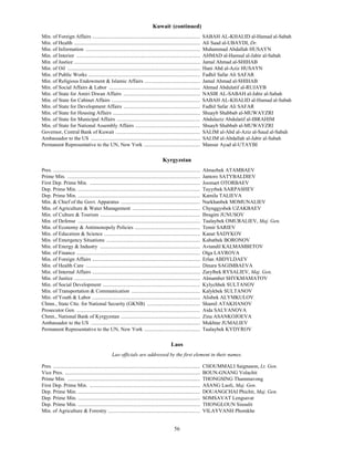 Kuwait (continued)
Min. of Foreign Affairs ...................................................................................               SABAH AL-KHALID al-Hamad al-Sabah
Min. of Health .................................................................................................          Ali Saad al-UBAYDI, Dr.
Min. of Information ........................................................................................              Muhammad Abdallah HUSAYN
Min. of Interior ...............................................................................................          AHMAD al-Hamud al-Jabir al-Sabah
Min. of Justice .................................................................................................         Jamal Ahmad al-SHIHAB
Min. of Oil ......................................................................................................        Hani Abd al-Aziz HUSAYN
Min. of Public Works ......................................................................................               Fadhil Safar Ali SAFAR
Min. of Religious Endowment & Islamic Affairs ...........................................                                 Jamal Ahmad al-SHIHAB
Min. of Social Affairs & Labor ......................................................................                     Ahmad Abdulatif al-RUJAYB
Min. of State for Amiri Diwan Affairs ...........................................................                         NASIR AL-SABAH al-Jabir al-Sabah
Min. of State for Cabinet Affairs ....................................................................                    SABAH AL-KHALID al-Hamad al-Sabah
Min. of State for Development Affairs ...........................................................                         Fadhil Safar Ali SAFAR
Min. of State for Housing Affairs ...................................................................                     Shuayb Shabbab al-MUWAYZRI
Min. of State for Municipal Affairs ................................................................                      Abdulaziz Abdulatif al-IBRAHIM
Min. of State for National Assembly Affairs ..................................................                            Shuayb Shabbab al-MUWAYZRI
Governor, Central Bank of Kuwait .................................................................                        SALIM al-Abd al-Aziz al-Saud al-Sabah
Ambassador to the US ....................................................................................                 SALIM al-Abdallah al-Jabir al-Sabah
Permanent Representative to the UN, New York ...........................................                                  Mansur Ayad al-UTAYBI

                                                                                          Kyrgyzstan
Pres. .................................................................................................................   Almazbek ATAMBAEV
Prime Min. ......................................................................................................         Jantoro SATYBALDIEV
First Dep. Prime Min. .....................................................................................               Joomart OTORBAEV
Dep. Prime Min. ..............................................................................................            Tayyrbek SARPASHEV
Dep. Prime Min. ..............................................................................................            Kamila TALIEVA
Min. & Chief of the Govt. Apparatus .............................................................                         Nurkhanbek MOMUNALIEV
Min. of Agriculture & Water Management ....................................................                               Chynggysbek UZAKBAEV
Min. of Culture & Tourism .............................................................................                   Ibragim JUNUSOV
Min. of Defense ..............................................................................................            Taalaybek OMURALIEV, Maj. Gen.
Min. of Economy & Antimonopoly Policies ..................................................                                Temir SARIEV
Min. of Education & Science ..........................................................................                    Kanat SADYKOV
Min. of Emergency Situations ........................................................................                     Kubatbek BORONOV
Min. of Energy & Industry .............................................................................                   Avtandil KALMAMBETOV
Min. of Finance ...............................................................................................           Olga LAVROVA
Min. of Foreign Affairs ...................................................................................               Erlan ABDYLDAEV
Min. of Health Care ........................................................................................              Dinara SAGIMBAEVA
Min. of Internal Affairs ...................................................................................              Zarylbek RYSALIEV, Maj. Gen.
Min. of Justice .................................................................................................         Almambet SHYKMAMATOV
Min. of Social Development ...........................................................................                    Kylychbek SULTANOV
Min. of Transportation & Communication .....................................................                              Kalykbek SULTANOV
Min. of Youth & Labor ...................................................................................                 Alisbek ALYMKULOV
Chmn., State Ctte. for National Security (GKNB) .........................................                                 Shamil ATAKHANOV
Prosecutor Gen. ...............................................................................................           Aida SALYANOVA
Chmn., National Bank of Kyrgyzstan .............................................................                          Zina ASANKOJOEVA
Ambassador to the US ....................................................................................                 Mukhtar JUMALIEV
Permanent Representative to the UN, New York ...........................................                                  Taalaybek KYDYROV

                                                                                                 Laos
L




                                                    Lao officials are addressed by the first element in their names.

Pres. .................................................................................................................   CHOUMMALI Saignason, Lt. Gen.
Vice Pres. ........................................................................................................       BOUN-GNANG Volachit
Prime Min. ......................................................................................................         THONGSING Thammavong
First Dep. Prime Min. .....................................................................................               ASANG Laoli, Maj. Gen.
Dep. Prime Min. ..............................................................................................            DOUANGCHAI Phichit, Maj. Gen.
Dep. Prime Min. ..............................................................................................            SOMSAVAT Lengsavat
Dep. Prime Min. ..............................................................................................            THONGLOUN Sisoulit
Min. of Agriculture & Forestry .......................................................................                    VILAYVANH Phomkhe


                                                                                                   56
 