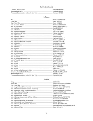 Latvia (continued)
Governor, Bank of Latvia ............................................................................... Ilmars RIMSEVICS
Ambassador to the US .................................................................................... Andris RAZANS
Permanent Representative to the UN, New York ........................................... Normans PENKE

                                                                                             Lebanon
Pres. .................................................................................................................   Michel SULAYMAN
Prime Min. ......................................................................................................         Najib MIQATI
Dep. Prime Min. ..............................................................................................            Samir MOQBIL
Min. of Admin. Reform ..................................................................................                  Muhammad FNAYSH
Min. of Agriculture .........................................................................................             Husayn al-Hajj HASSAN
Min. of Culture ...............................................................................................           Gabi LAYYOUN
Min. of Defense ..............................................................................................            Fayiz GHOSN
Min. of Displaced People ................................................................................                 Ala al-Din TERRO
Min. of Economy & Trade ..............................................................................                    Nicolas NAHHAS
Min. of Education ...........................................................................................             Hassan DIAB
Min. of Energy & Water .................................................................................                  Gibran BASSIL
Min. of Environment .......................................................................................               Nazim al-KHOURY
Min. of Finance ...............................................................................................           Muhammad SAFADI
Min. of Foreign Affairs & Emigrants .............................................................                         Adnan MANSOUR
Min. of Industry ..............................................................................................           Freij SABOUNJIAN
Min. of Information ........................................................................................              Walid DAOUQ
Min. of Interior ...............................................................................................          Marwan CHARBEL
Min. of Justice .................................................................................................         Shakib QORTABAWI
Min. of Labor ..................................................................................................          Charbel NAHHAS
Min. of Public Health ......................................................................................              Ali Hassan KHALIL
Min. of Social Affairs .....................................................................................              Wael Abu FAOUR
Min. of Telecommunications ..........................................................................                     Nicolas SAHNAWI
Min. of Tourism ..............................................................................................            Fady ABBOUD
Min. of Transport & Public Works .................................................................                        Ghazi ARIDI
Min. of Youth & Sports ..................................................................................                 Faysal KARAMI
Min. of State ...................................................................................................         Salim KARAM
Min. of State ...................................................................................................         Ahmad KARAMI
Min. of State ...................................................................................................         Marwan KHAYREDDINE
Min. of State ...................................................................................................         Panos MANIJIAN
Min. of State ...................................................................................................         Ali QANSO
Min. of State for Parliamentary Affairs ..........................................................                        Nicolas FATTOUSH
Governor, Central Bank of Lebanon ...............................................................                         Riad Toufic SALAMEH
Ambassador to the US ....................................................................................                 Antoine CHEDID
Permanent Representative to the UN, New York ...........................................                                  Nawaf SALAM

                                                                                              Lesotho
King ................................................................................................................     LETSIE III
Prime Min. ......................................................................................................         Thomas Motsoahae THABANE
Dep. Prime Min. ..............................................................................................            Mothejoa METSING
Min. of Agriculture & Food Security .............................................................                         Lits’oane Simon LITS’OANE
Min. of Communications, Science, & Technology ........................................                                    Ts’eliso MOKHOSI
Min. of Defense, Police, & National Security ................................................                             Thomas Motsoahae THABANE
Min. of Development Planning .......................................................................                      Maboee MOLETSANE
Min. of Education & Training ........................................................................                     ’Makabelo Priscilla MOSOTHOANE
Min. of Employment & Labor ........................................................................                       Lebesa MALOI
Min. of Energy, Meteorology, & Water Affairs .............................................                                Thahane Timothy THAHANE
Min. of Finance ...............................................................................................           Leketekete Victor KETSO
Min. of Foreign Affairs & Intl. Relations .......................................................                         Mohlabi Kenneth TSEKOA
Min. of Forestry & Land Reclamation ............................................................                          Khotso MATLA
Min. of Gender, Youth, Sports, & Recreation ................................................                              Thesele ’MASERIBANE
Min. of Health .................................................................................................          Pinkie Rosemary MANAMOLELA, Dr.
Min. of Home Affairs .....................................................................................                Joang MOLAPO



                                                                                                   58
 