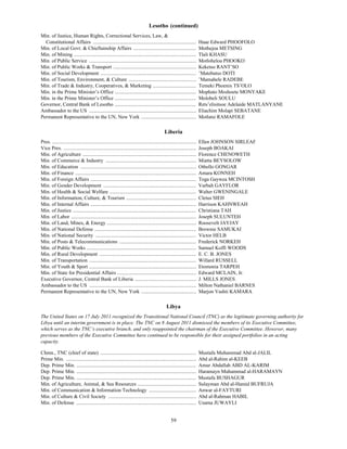 Lesotho (continued)
Min. of Justice, Human Rights, Correctional Services, Law, &
  Constitutional Affairs .................................................................................                Haae Edward PHOOFOLO
Min. of Local Govt. & Chieftainship Affairs .................................................                             Mothejoa METSING
Min. of Mining ................................................................................................           Tlali KHASU
Min. of Public Service ....................................................................................               Motloheloa PHOOKO
Min. of Public Works & Transport .................................................................                        Keketso RANT’SO
Min. of Social Development ...........................................................................                    ’Matebatso DOTI
Min. of Tourism, Environment, & Culture .....................................................                             ’Mamahele RADEBE
Min. of Trade & Industry, Cooperatives, & Marketing ..................................                                    Temeki Phoenix TS’OLO
Min. in the Prime Minister’s Office ................................................................                      Mophato Moshoete MONYAKE
Min. in the Prime Minister’s Office ................................................................                      Molobeli SOULU
Governor, Central Bank of Lesotho ................................................................                        Rets’elisitsoe Adelaide MATLANYANE
Ambassador to the US ....................................................................................                 Eliachim Molapi SEBATANE
Permanent Representative to the UN, New York ...........................................                                  Motlatsi RAMAFOLE

                                                                                              Liberia
Pres. .................................................................................................................   Ellen JOHNSON SIRLEAF
Vice Pres. ........................................................................................................       Joseph BOAKAI
Min. of Agriculture .........................................................................................             Florence CHENOWETH
Min. of Commerce & Industry .......................................................................                       Miatta BEYSOLOW
Min. of Education ...........................................................................................             Othello GONGAR
Min. of Finance ...............................................................................................           Amara KONNEH
Min. of Foreign Affairs ...................................................................................               Toga Gaywea MCINTOSH
Min. of Gender Development .........................................................................                      Varbah GAYFLOR
Min. of Health & Social Welfare ....................................................................                      Walter GWENINGALE
Min. of Information, Culture, & Tourism .......................................................                           Cletus SIEH
Min. of Internal Affairs ...................................................................................              Harrison KAHNWEAH
Min. of Justice .................................................................................................         Christiana TAH
Min. of Labor ..................................................................................................          Joseph SULUNTEH
Min. of Land, Mines, & Energy ......................................................................                      Roosevelt JAYJAY
Min. of National Defense ................................................................................                 Brownie SAMUKAI
Min. of National Security ...............................................................................                 Victor HELB
Min. of Posts & Telecommunications ............................................................                           Frederick NORKEH
Min. of Public Works ......................................................................................               Samuel Koffi WOODS
Min. of Rural Development ............................................................................                    E. C. B. JONES
Min. of Transportation ....................................................................................               Willard RUSSELL
Min. of Youth & Sport ....................................................................................                Etomonia TARPEH
Min. of State for Presidential Affairs ..............................................................                     Edward MCLAIN, Jr.
Executive Governor, Central Bank of Liberia ................................................                              J. MILLS JONES
Ambassador to the US ....................................................................................                 Milton Nathaniel BARNES
Permanent Representative to the UN, New York ...........................................                                  Marjon Vashti KAMARA

                                                                                                Libya
The United States on 17 July 2011 recognized the Transitional National Council (TNC) as the legitimate governing authority for
Libya until an interim government is in place. The TNC on 8 August 2011 dismissed the members of its Executive Committee,
which serves as the TNC’s executive branch, and only reappointed the chairman of the Executive Committee. However, many
previous members of the Executive Committee have continued to be responsible for their assigned portfolios in an acting
capacity.

Chmn., TNC (chief of state) ...........................................................................                   Mustafa Muhammad Abd al-JALIL
Prime Min. ......................................................................................................         Abd al-Rahim al-KEEB
Dep. Prime Min. ..............................................................................................            Amur Abdallah ABD AL-KARIM
Dep. Prime Min. ..............................................................................................            Haramayn Muhammad al-HARAMAYN
Dep. Prime Min. ..............................................................................................            Mustafa BUSHAGUR
Min. of Agriculture, Animal, & Sea Resources ..............................................                               Sulayman Abd al-Hamid BUFRUJA
Min. of Communication & Information Technology .....................................                                      Anwar al-FAYTURI
Min. of Culture & Civil Society .....................................................................                     Abd al-Rahman HABIL
Min. of Defense ..............................................................................................            Usama JUWAYLI


                                                                                                   59
 