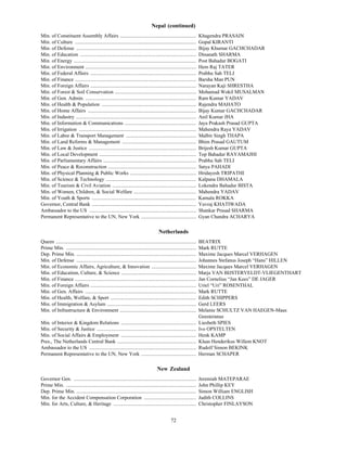 Nepal (continued)
Min. of Constituent Assembly Affairs ............................................................                      Khagendra PRASAIN
Min. of Culture ...............................................................................................        Gopal KIRANTI
Min. of Defense ..............................................................................................         Bijay Khumar GACHCHADAR
Min. of Education ...........................................................................................          Dinanath SHARMA
Min. of Energy ................................................................................................        Post Bahadur BOGATI
Min. of Environment .......................................................................................            Hem Raj TATER
Min. of Federal Affairs ...................................................................................            Prabhu Sah TELI
Min. of Finance ...............................................................................................        Barsha Man PUN
Min. of Foreign Affairs ...................................................................................            Narayan Kaji SHRESTHA
Min. of Forest & Soil Conservation ................................................................                    Mohamad Wokil MUSALMAN
Min. of Gen. Admin. .......................................................................................            Ram Kumar YADAV
Min. of Health & Population ..........................................................................                 Rajendra MAHATO
Min. of Home Affairs .....................................................................................             Bijay Kumar GACHCHADAR
Min. of Industry ..............................................................................................        Anil Kumar JHA
Min. of Information & Communications ........................................................                          Jaya Prakash Prasad GUPTA
Min. of Irrigation ............................................................................................        Mahendra Raya YADAV
Min. of Labor & Transport Management .......................................................                           Malbir Singh THAPA
Min. of Land Reforms & Management ..........................................................                           Bhim Prasad GAUTUM
Min. of Law & Justice ....................................................................................             Brijesh Kumar GUPTA
Min. of Local Development ............................................................................                 Top Bahadur RAYAMAJHI
Min. of Parliamentary Affairs .........................................................................                Prabhu Sah TELI
Min. of Peace & Reconstruction .....................................................................                   Satya PAHADI
Min. of Physical Planning & Public Works ....................................................                          Hridayesh TRIPATHI
Min. of Science & Technology .......................................................................                   Kalpana DHAMALA
Min. of Tourism & Civil Aviation ..................................................................                    Lokendra Bahadur BISTA
Min. of Women, Children, & Social Welfare .................................................                            Mahendra YADAV
Min. of Youth & Sports ..................................................................................              Kamala ROKKA
Governor, Central Bank ..................................................................................              Yuvraj KHATIWADA
Ambassador to the US ....................................................................................              Shankar Prasad SHARMA
Permanent Representative to the UN, New York ...........................................                               Gyan Chandra ACHARYA

                                                                                       Netherlands
Queen ..............................................................................................................   BEATRIX
Prime Min. ......................................................................................................      Mark RUTTE
Dep. Prime Min. ..............................................................................................         Maxime Jacques Marcel VERHAGEN
Min. of Defense ..............................................................................................         Johannes Stefanus Joseph “Hans” HILLEN
Min. of Economic Affairs, Agriculture, & Innovation ...................................                                Maxime Jacques Marcel VERHAGEN
Min. of Education, Culture, & Science ...........................................................                      Marja VAN BIJSTERVELDT-VLIEGENTHART
Min. of Finance ...............................................................................................        Jan Cornelius “Jan Kees” DE JAGER
Min. of Foreign Affairs ...................................................................................            Uriel “Uri” ROSENTHAL
Min. of Gen. Affairs .......................................................................................           Mark RUTTE
Min. of Health, Welfare, & Sport ...................................................................                   Edith SCHIPPERS
Min. of Immigration & Asylum ......................................................................                    Gerd LEERS
Min. of Infrastructure & Environment ............................................................                      Melanie SCHULTZ VAN HAEGEN-Maas
                                                                                                                       Geesteranus
Min. of Interior & Kingdom Relations ...........................................................                       Liesbeth SPIES
Min. of Security & Justice ..............................................................................              Ivo OPSTELTEN
Min. of Social Affairs & Employment ...........................................................                        Henk KAMP
Pres., The Netherlands Central Bank ..............................................................                     Klaas Henderikus Willem KNOT
Ambassador to the US ....................................................................................              Rudolf Simon BEKINK
Permanent Representative to the UN, New York ...........................................                               Herman SCHAPER

                                                                                      New Zealand
Governor Gen. ................................................................................................         Jeremiah MATEPARAE
Prime Min. ......................................................................................................      John Phillip KEY
Dep. Prime Min. ..............................................................................................         Simon William ENGLISH
Min. for the Accident Compensation Corporation .........................................                               Judith COLLINS
Min. for Arts, Culture, & Heritage .................................................................                   Christopher FINLAYSON


                                                                                                72
 
