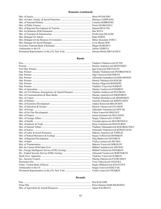 Romania (continued)
Min. of Justice .................................................................................................         Mona PIVNICERU
Min. of Labor, Family, & Social Protection ...................................................                            Mariana CAMPEANU
Min. of National Defense ................................................................................                 Corneliu DOBRITOIU
Min. of Public Finance ....................................................................................               Florin GEORGESCU
Min. of Regional Development & Tourism ....................................................                               Eduard HELLVIG
Min. for Relations With Parliament ................................................................                       Dan SOVA
Min. of Transport & Infrastructure .................................................................                      Ovidiu Ioan SILAGHI
Min.-Delegate for Admin. ..............................................................................                   Radu STROE
Min.-Delegate for the Business Environment .................................................                              Mihai Alexandru VOICU
Min.-Delegate for Social Dialogue .................................................................                       Liviu Marian POP
Governor, National Bank of Romania ............................................................                           Mugur ISARESCU
Ambassador to the US ....................................................................................                 Adrian VIERITA
Permanent Representative to the UN, New York ...........................................                                  Simona-Mirela MICULESCU

                                                                                               Russia
Pres. .................................................................................................................   Vladimir Vladimirovich PUTIN
Premier ............................................................................................................      Dmitriy Anatolyevich MEDVEDEV
First Dep. Premier ...........................................................................................            Igor Ivanovich SHUVALOV
Dep. Premier ...................................................................................................          Arkadiy Vladimirovich DVORKOVICH
Dep. Premier ...................................................................................................          Olga Yuryevna GOLODETS
Dep. Premier ...................................................................................................          Aleksandr Gennadiyevich KHLOPONIN
Dep. Premier ...................................................................................................          Dmitriy Nikolayevich KOZAK
Dep. Premier ...................................................................................................          Dmitriy Olegovich ROGOZIN
Dep. Premier ...................................................................................................          Vladislav Yuryevich SURKOV
Min. of Agriculture .........................................................................................             Nikolay Vasilyevich FEDOROV
Min. of Civil Defense, Emergencies, & Natural Disasters .............................                                     Vladimir Andreyevich PUCHKOV
Min. of Communications & Mass Media .......................................................                               Nikolay Anatolyevich NIKIFOROV
Min. of Culture ...............................................................................................           Vladimir Rostislavovich MEDINSKIY
Min. of Defense ..............................................................................................            Anatoliy Eduardovich SERDYUKOV
Min. of Economic Development .....................................................................                        Andrey Removich BELOUSOV
Min. of Education & Science ..........................................................................                    Dmitriy Viktorovich LIVANOV
Min. of Energy ................................................................................................           Aleksandr Valentinovich NOVAK
Min. of Far East Development ........................................................................                     Viktor Ivanovich ISHAYEV
Min. of Finance ...............................................................................................           Anton Germanovich SILUANOV
Min. of Foreign Affairs ...................................................................................               Sergey Viktorovich LAVROV
Min. of Health .................................................................................................          Veronika Igoryevna SKVORTSOVA
Min. of Industry & Trade ................................................................................                 Denis Valentinovich MANTUROV
Min. of Internal Affairs ...................................................................................              Vladimir Aleksandrovich KOLOKOLTSEV
Min. of Justice .................................................................................................         Aleksandr Vladimirovich KONOVALOV
Min. of Labor & Social Protection .................................................................                       Maksim Anatolyevich TOPILIN
Min. of Natural Resources & Ecology ............................................................                          Sergey Yefimovich DONSKOY
Min. of Regional Development ......................................................................                       Oleg Markovich GOVORUN
Min. of Sport ...................................................................................................         Vitaliy Leontyevich MUTKO
Min. of Transportation ....................................................................................               Maksim Yuryevich SOKOLOV
Min. for Liaison With Open Govt. .................................................................                        Mikhail Anatolyevich ABYZOV
Dir., Foreign Intelligence Service (SVR) (Acting) .........................................                               Mikhail Yefimovich FRADKOV
Dir., Federal Security Service (FSB) (Acting) ...............................................                             Aleksandr Vasilyevich BORTNIKOV
Head, Govt. Apparatus ....................................................................................                Vladislav Yuryevich SURKOV
Sec., Security Council .....................................................................................              Nikolay Platonovich PATRUSHEV
Procurator Gen. ...............................................................................................           Yuriy Yakovlevich CHAYKA
Chmn., Central Bank of Russia ......................................................................                      Sergey Mikhaylovich IGNATYEV
Ambassador to the US ....................................................................................                 Sergey Ivanovich KISLYAK
Permanent Representative to the UN, New York ...........................................                                  Vitaliy Ivanovich CHURKIN

                                                                                             Rwanda
Pres. ................................................................................................................. Paul KAGAME
Prime Min. ...................................................................................................... Pierre Damien HABUMUREMYI
Min. of Agriculture & Animal Resources ...................................................... Agnes KALIBATA


                                                                                                   82
 