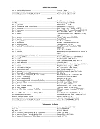 Andorra (continued)
Min. of Tourism & Environment .................................................................... Francesc CAMP
Ambassador to the US .................................................................................... Narcis CASAL de Fonsdeviela
Permanent Representative to the UN, New York ........................................... Narcis CASAL de Fonsdeviela

                                                                                              Angola
Pres. .................................................................................................................   Jose Eduardo DOS SANTOS
Vice Pres. ........................................................................................................       Manuel Domingos VICENTE
Min. of Agriculture .........................................................................................             Afonso Pedro CANGA
Min. of Assistance & Social Reintegration ....................................................                            Joao Baptista KUSSUMUA
Min. of Commerce ..........................................................................................               Rosa Escocio PACAVIRA DE MATOS
Min. of Construction .......................................................................................              Fernando Alberto de Lemos Soares da FONSECA
Min. of Culture ...............................................................................................           Rosa Maria MARTINS DA CRUZ E SILVA
Min. of Defense ..............................................................................................            Candido Pereira dos Santos VAN DUNEM, Maj.
                                                                                                                          Gen.
Min. of Economy ............................................................................................              Abraao Pio dos Santos GOURGEL
Min. of Education ...........................................................................................             Pinda SIMAO
Min. of Energy & Water .................................................................................                  Joao Baptista BORGES
Min. of Environment .......................................................................................               Maria de Fatima Monteiro JARDIM
Min. of External Relations ..............................................................................                 Georges Rebelo CHIKOTI
Min. of Family & Women Promotion ............................................................                             Maria Felomena de Fatima Lobao TELO
                                                                                                                          DELGADO
Min. of Finance ...............................................................................................           Carlos Alberto LOPES
Min. of Fisheries .............................................................................................           Victoria Francisco Lopes Cristovao DE BARROS
                                                                                                                          NETO
Min. of Former Combatants & Veterans of War ............................................                                  Kundi PAIHAMA
Min. of Geology & Mines ...............................................................................                   Francisco Manuel Monteiro DE QUEIROZ
Min. of Health .................................................................................................          Jose Vieira DIAS VAN-DUNEM
Min. of Higher Education ...............................................................................                  Adao Gaspar Ferreira DO NASCIMENTO
Min. of Hotels & Tourism ..............................................................................                   Pedro MUTINDE
Min. of Industry ..............................................................................................           Bernarda Goncalves Martins Henriques DA SILVA
Min. of Interior ...............................................................................................          Angelo de Barros Veiga TAVARES
Min. of Justice & Human Rights ....................................................................                       Rui Jorge Carneiro MANGUEIRA
Min. of Parliamentary Affairs .........................................................................                   Rosa Luis de Sousa MICOLO
Min. of Petroleum ...........................................................................................             Jose Maria Botelho de VASCONCELOS
Min. of Planning & Territorial Development .................................................                              Job GRACA
Min. of Public Admin., Employment, & Social Security ...............................                                      Antonio Domingos da Costa Pitra NETO
Min. of Science & Technology .......................................................................                      Maria Candida Pereira TEIXEIRA
Min. of Social Communication .......................................................................                      Jose Luis DE MATOS
Min. of Telecommunications & Information Technology ..............................                                        Jose Carvalho DA ROCHA
Min. of Territorial Admin. ..............................................................................                 Bornito de Sousa Baltazar DIOGO
Min. of Transport ............................................................................................            Augusto da Silva TOMAS
Min. of Urban Affairs & Housing ..................................................................                        Jose Antonio DA CONCEICAO E SILVA
Min. of Youth & Sports ..................................................................................                 Goncalves Manuel MUANDUMBA
Min. in the Office of the Presidency, Civil Affairs ........................................                              Edeltrudes Mauricio Fernandes GASPAR DA
                                                                                                                          COSTA
Min. in the Office of the Presidency, Military Affairs ...................................                                Manuel Helder “Kopelipa” VIEIRA DIAS
Sec. of the Council of Ministers .....................................................................                    Frederico Manuel dos Santos e Silva CARDOSO
Governor, National Bank of Angola ...............................................................                         Jose de Lima MASSANO
Ambassador to the US ....................................................................................                 Alberto do Carmo BENTO RIBEIRO
Permanent Representative to the UN, New York ...........................................                                  Ismael Abraao GASPAR MARTINS

                                                                                Antigua and Barbuda
Governor Gen. ................................................................................................            Louise Agnetha LAKE-TACK
Prime Min. ......................................................................................................         Baldwin SPENCER
Dep. Prime Min. ..............................................................................................            Wilmoth DANIEL
Min. of Agriculture, Lands, Housing, & the Environment .............................                                      Hilson BAPTISTE
Min. of Education, Sports, Youth, & Gender Affairs .....................................                                  Jacqui QUINN-LEANDRO
Min. of Finance, the Economy, & Public Admin. ..........................................                                  Harold LOVELL


                                                                                                    3
 