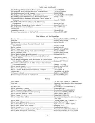 Saint Lucia (continued)
Min. for Foreign Affairs, Intl. Trade, & Civil Aviation .................................                           Alva BAPTISTE
Min. for Health, Wellness, Human Services, & Gender Relations ................                                      Alvina REYNOLDS
Min. for Infrastructure, Ports, & Transport ....................................................                    Philip PIERRE
Min. for Legal Affairs, Home Affairs, & National Security ..........................                                Victor Phillip LA CORBINIERE
Min. for Physical Development, Housing, & Urban Development ................                                        Stanley FELIX
Min. for Public Service, Sustainable Development, Energy, Science, &
  Technology .................................................................................................      James FLETCHER
Min. for Social Transformation, Local Govt., & Community
  Empowerment .............................................................................................         Harold DALSON
Min. for Tourism, Heritage, & the Creative Industries ..................................                            Lorne THEOPHILUS
Min. for Youth Development & Sports ..........................................................                      Shawn EDWARD
Attorney Gen. ..................................................................................................
Ambassador to the US ....................................................................................           Michael LOUIS
Permanent Representative to the UN, New York ...........................................                            Menissa RAMBALLY

                                                                 Saint Vincent and the Grenadines
Governor Gen. ................................................................................................      Frederick Nathaniel BALLANTYNE, Sir
Prime Min. ......................................................................................................   Ralph E. GONSALVES
Dep. Prime Min. ..............................................................................................      Girlyn MIGUEL
Min. of Agriculture, Industry, Forestry, Fisheries, & Rural
  Transformation ............................................................................................       Saboto CAESAR
Min. of Education ...........................................................................................       Girlyn MIGUEL
Min. of Finance ...............................................................................................     Ralph E. GONSALVES
Min. of Foreign Affairs, Foreign Trade, & Consumer Affairs .......................                                  Douglas SLATER
Min. of Grenadines Affairs .............................................................................            Ralph E. GONSALVES
Min. of Health, Wellness, & the Environment ...............................................                         Clayton BURGIN
Min. of Housing, Informal Human Settlements, Lands & Surveys, &
  Physical Planning ........................................................................................        Montgomery DANIEL
Min. of National Mobilization, Social Development, the Family, Persons
  With Disabilities, & Youth .........................................................................              Frederick STEVENSON
Min. of National Reconciliation, the Public Service, Labor, Information,
  & Ecclesiastical Affairs ..............................................................................           Maxwell CHARLES
Min. of National Security ...............................................................................           Ralph E. GONSALVES
Min. of Tourism, Sports, & Culture ................................................................                 Cecil MCKIE
Min. of Transport, Works, Urban Development, & Local Govt. ...................                                      Julian FRANCIS
Attorney Gen. ..................................................................................................    Judith JONES-MORGAN
Ambassador to the US ....................................................................................           La Celia Aritha PRINCE
Permanent Representative to the UN, New York ...........................................                            Camillo GONSALVES

                                                                                          Samoa
Chief of State .................................................................................................. Tui Atua Tupua Tupuola Efi TAMASESE
Prime Min. ...................................................................................................... Fatiaalofa Aiono Lupesolia’i Sailele Malielegaoi
                                                                                                                  TUILAEPA
Dep. Prime Min. .............................................................................................. Fonotoe Pierre Lauofo MEREDITH
Min. of Agriculture & Fisheries ..................................................................... Ropati LEMAMEA
Min. of Commerce, Industry, & Labor ........................................................... Fonotoe Pierre Lauofo MEREDITH
Min. of Communication & Information Technology ..................................... Sofara Aveau TUISUGALETAUA
Min. of Education, Sports, & Culture ............................................................. Magele Mauiliu MAGELE
Min. of Finance ............................................................................................... Liuga Tiatia FAUMUINA
Min. of Foreign Affairs & Trade .................................................................... Fatiaalofa Aiono Lupesolia’i Sailele Malielegaoi
                                                                                                                  TUILAEPA
Min. of Health ................................................................................................. Tuitama Talalelei Leao TUITAMA, Dr.
Min. of Justice & Courts Admin. .................................................................... Naomi Mata’afa FIAME
Min. of Natural Resources & Environment .................................................... Faale Tumaali’i FAAMOETAULOA
Min. of Police, Prisons, & Fire Services ......................................................... Fata Pinati SALA
Min. of Revenue ............................................................................................. Pule Lameko TUILOMA
Min. of Women, Community, & Social Development ................................... Falemoe Lei’ataua TOLOFUAIVALELEI
Min. of Works, Transport, & Infrastructure ................................................... Enokati Posala MANU’ALESAGALALA


                                                                                              84
 