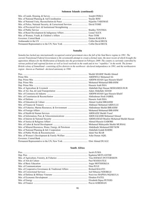 Solomon Islands (continued)
Min. of Lands, Housing, & Survey .................................................................                        Joseph ONIKA
Min. of National Planning & Aid Coordination .............................................                                Snyder RINI
Min. of National Unity, Reconciliation & Peace ............................................                               Hypolite TAREMAE
Min. of Police, National Security, & Correctional Services ...........................                                    David TOME
Min. of Provincial Govt. & Institutional Strengthening .................................
Min. of Public Service ....................................................................................               Bradley TOVOSIA
Min. of Rural Development & Indigenous Affairs..........................................                                  Lionel ALEX
Min. of Women, Youth, & Children’s Affairs ...............................................                                Peter TOM
Governor, Central Bank ..................................................................................                 Denton RARAWA
Ambassador to the US ....................................................................................                 Collin David BECK
Permanent Representative to the UN, New York ...........................................                                  Collin David BECK

                                                                                              Somalia
Somalia has lacked any internationally recognized central government since the fall of the Siad Barre regime in 1991. The
current Transitional Federal Government is the seventeenth attempt to create a formal state, the most recent of which brought the
opposition Alliance for the Reliberation of Somalia into the government in February 2009. The country is currently controlled by
various political and regional factions as well as local warlords in the south and in two “republics” in the north. The former
British colony of Somaliland—consisting of five districts in the northwest—declared independence in 1991, and the northeastern
region—known as Puntland—declared autonomy in 1998.

Pres. .................................................................................................................   Sheikh SHARIF Sheikh Ahmed
Prime Min. ......................................................................................................         ABDIWELI Mohamed Ali
Dep. Prime Min. ..............................................................................................            ABDIWAHAB Ugas Hussein Khalif
Dep. Prime Min. ..............................................................................................            Mohamed Mohamud IBRAHIM
Dep. Prime Min. ..............................................................................................            Hussein Arab ISSA
Min. of Agriculture & Livestock ....................................................................                      Abdullahi Haji Hassan MOHAMED-NUR
Min. of Air, Sea, & Land Transportation .......................................................                           Adam Abdullahi ADAM
Min. of Commerce & Industry .......................................................................                       ABDIWAHAB Ugas Hussein Khalif
Min. of Constitution & Reconciliation ...........................................................                         Abdirahman Hosh JABRIL
Min. of Defense ..............................................................................................            Hussein Arab ISSA
Min. of Education & Culture ..........................................................................                    Ahmed Aydiid IBRAHIM
Min. of Finance & Treasury ...........................................................................                    Abdinasir Mohamed ABDULLE
Min. of Fisheries, Marine Resources, & Environment ...................................                                    Abdirahman Sheikh IBRAHIM
Min. of Foreign Affairs ...................................................................................               Mohamed Mohamud IBRAHIM
Min. of Health & Human Services .................................................................                         ABDIAZIZ Sheikh Yusuf
Min. of Information, Post, & Telecommunications ........................................                                  ABDULKADIR Mohamed Ahmed
Min. of Interior & National Security ..............................................................                       ABDISAMAD Moalim Mohamud Sheikh Hassan
Min. of Justice & Religious Affairs ................................................................                      Ahmed Hussein GABOBE
Min. of Labor & Social Development ............................................................                           Mohamed Muhuyadin Sheikh MURSAL
Min. of Mineral Resources, Water, Energy, & Petroleum .............................                                       Abdulkadir Mohamed DHI’SOW
Min. of National Planning & Intl. Cooperation ..............................................                              Abdullahi Godah BARRE
Min. of Public Works & Reconstruction ........................................................                            Jalani Nur IKAR
Min. of Women’s Development & Family Welfare .......................................                                      Asha Osman AQIL
Governor, Central Bank ..................................................................................
Permanent Representative to the UN, New York ...........................................                                  Elmi Ahmed DUALE

                                                                                         South Africa
Pres. .................................................................................................................   Jacob ZUMA
Dep. Pres. ........................................................................................................       Kgalema MOTLANTHE
Min. of Agriculture, Forestry, & Fisheries .....................................................                          Tina JOEMAT-PETTERSSON
Min. of Arts & Culture ...................................................................................                Paul MASHATILE
Min. of Basic Education .................................................................................                 Angie MOTSHEKGA
Min. of Communications ................................................................................                   Dina PULE
Min. of Cooperative Governance & Traditional Affairs ................................                                     Richard BALOYI
Min. of Correctional Services .........................................................................                   Joel Sibusiso NDEBELE
Min. of Defense & Military Veterans .............................................................                         Nosiviwe MAPISA-NQAKULA
Min. of Economic Development .....................................................................                        Ebrahim PATEL
Min. of Energy ................................................................................................           Elizabeth Dipuo PETERS
Min. of Finance ...............................................................................................           Pravin GORDHAN

                                                                                                   90
 