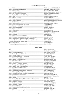 South Africa (continued)
Min. of Health .................................................................................................          Pakishe Aaron MOTSOALEDI, Dr.
Min. of Higher Education & Training ............................................................                          Bonginkosi “Blade” NZIMANDE
Min. of Home Affairs .....................................................................................                Nkosazana DLAMINI-ZUMA
Min. of Human Settlements ............................................................................                    Gabriel Mosima “Tokyo” SEXWALE
Min. of Intl. Relations & Cooperation ............................................................                        Maite NKOANA-MASHABANE
Min. of Justice & Constitutional Development ..............................................                               Jeff RADEBE
Min. of Labor ..................................................................................................          Nelisiwe Mildred OLIPHANT
Min. of Mineral Resources .............................................................................                   Susan SHABANGU
Min. of Police .................................................................................................          Nkosinathi Emmanuel MTHETHWA
Min. of Public Enterprises ..............................................................................                 Malusi Knowledge Nkanyezi GIGABA
Min. of Public Service & Admin. ...................................................................                       Lindiwe Nonceba SISULU
Min. of Public Works ......................................................................................               Thembelani “Thulas” NXESI
Min. of Rural Development & Land Reform .................................................                                 Gugile NKWINTI
Min. of Science & Technology .......................................................................                      Naledi PANDOR
Min. of Social Development ...........................................................................                    Bathabile DLAMINI
Min. of Sport & Recreation ............................................................................                   Fikile MBALULA
Min. of State Security .....................................................................................              Siyabonga CWELE
Min. of Tourism ..............................................................................................            Marthinus VAN SCHALKWYK
Min. of Trade & Industry ................................................................................                 Robert Haydn DAVIES
Min. of Transport ............................................................................................            Ben MARTINS
Min. of Water & Environmental Affairs ........................................................                            Edna MOLEWA
Min. of Women, Youth, Children, & People With Disabilities ......................                                         Lulu XINGWANA
Min. in the Presidency - National Planning Commission ...............................                                     Trevor MANUEL
Min. in the Presidency - Performance Monitoring & Evaluation ...................                                          Collins CHABANE
Governor, South African Reserve Bank .........................................................                            Gill MARCUS
Ambassador to the US ....................................................................................                 Ebrahim RASOOL
Permanent Representative to the UN, New York ...........................................                                  Baso SANGQU

                                                                                         South Sudan
Pres. .................................................................................................................   Salva KIIR Mayardit
Vice Pres. ........................................................................................................       Riek MACHAR Teny Dhurgon
Min. of Agriculture & Forestry .......................................................................                    Betty Achan OGWARO
Min. of Animal Resources & Fisheries ..........................................................                           Martin Elia LOMURO
Min. of Cabinet Affairs ...................................................................................               DENG Alor Kuol
Min. of Commerce, Industry, & Investment ...................................................                              Garang Diing AKUANG
Min. of Culture, Youth, & Sports ...................................................................                      Cirino Hiteng OFUHO
Min. of Defense & Veterans Affairs ...............................................................                        John KONG Nyuon, Gen.
Min. of Electricity & Dams ............................................................................                   David Deng ATHORBEI
Min. of Environment .......................................................................................               Alfred Lado GORE
Min. of Finance & Economic Planning ..........................................................                            Kosti MANIBE Ngai
Min. of Foreign Affairs & Intl. Cooperation ..................................................                            Nhial Deng NHIAL
Min. of Gender, Child, & Social Welfare .......................................................                           Agnes LASUBA
Min. of Gen. Education & Instruction ............................................................                         Joseph Ukel ABANGO
Min. of Health .................................................................................................          Michael Milly HUSSEIN
Min. of Higher Education, Science, & Technology .......................................                                   Peter Adwok NYABA
Min. of Housing & Physical Planning ............................................................                          Jemma Nunu KUMBA
Min. of Humanitarian Affairs & Disaster Management .................................                                      Joseph Lual ACUIL
Min. of Information & Broadcasting ..............................................................                         Barnaba Marial BENJAMIN
Min. of Interior ...............................................................................................          Alison Manani MAGAYA, Gen.
Min. of Justice .................................................................................................         John Luk JOK
Min. of Labor, Public Service, & Human Resource Development ................                                              Awut Deng ACUIL
Min. of National Security ...............................................................................                 Oyay Deng AJAK, Gen.
Min. of the Office of the Pres. ........................................................................                  Emmanuel LOWILLA
Min. of Parliamentary Affairs .........................................................................                   Michael Makuei LUETH
Min. of Petroleum & Mining ..........................................................................                     Stephen Dhieu DAU
Min. of Roads & Bridges ................................................................................                  Gier Chuang ALUONG
Min. of Telecommunication & Postal Services ..............................................                                Madut Biar YEL
Min. of Transport ............................................................................................            Agnes Poni LOKUDO
Min. of Water Resources & Irrigation ............................................................                         Paul Mayom AKEC


                                                                                                   91
 