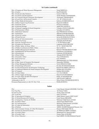 Sri Lanka (continued)
Min. of Irrigation & Water Resources Management ......................................                                    Nimal SIRIPALA
Min. of Justice .................................................................................................         Rauff HAKEEM
Min. of Labor & Labor Relations ...................................................................                       Gamini LOKUGE
Min. of Land & Land Development ...............................................................                           Janaka Bandara TENNEKOON
Min. of Livestock & Rural Community Development ...................................                                       Arumugam THONDAMAN
Min. of Local Govt. & Provincial Councils ....................................................                            A. L. M. ATHAULLAH
Min. of Mass Media & Information ................................................................                         Keheliya RAMBUKWELLA
Min. of Minor Export Crop Promotion ...........................................................                           Reginold COORAY
Min. of National Assets ..................................................................................                Piyasena GAMAGE
Min. of National Heritage ...............................................................................                 Jagath BALASURIYA
Min. of National Languages & Social Integration ..........................................                                Vasudeva NANAYAKKARA
Min. of Parliamentary Affairs .........................................................................                   Sumedha JAYASENA
Min. of Petroleum Industries ..........................................................................                   Susil PREMAJAYANTHA
Min. of Plantations ..........................................................................................            Mahinda SAMARASINGHE
Min. of Ports & Aviation ................................................................................                 Mahinda Percy RAJAPAKSA
Min. of Postal Services ...................................................................................               Jeevan KUMARANATUNGA
Min. of Posts & Telecommunication ..............................................................                          Jeewan KUMARATUNGA
Min. of Power & Energy .................................................................................                  Champika RANAWAKA
Min. of Private Transport Services .................................................................                      C. B. RATHNAYAKE
Min. of Productivity Promotion ......................................................................                     Lakshman SENEVIRATNE
Min. of Public Admin. & Home Affairs .........................................................                            W. D. J. SENEVIRATNE
Min. of Public Coordination & Public Affairs ...............................................                              Mervin SILVA
Min. of Public Management & Reforms ........................................................                              Ratnasiri WICKRAMANAYAKE
Min. of Rehabilitation & Prison Reforms .......................................................                           Chandrasiri GAJADEERA
Min. of Resettlement .......................................................................................              Gunaratne WEERAKOON
Min. of Rural Affairs ......................................................................................              Athauda SENEVIRATNE
Min. of Scientific Affairs ................................................................................               Tissa VITHARANA
Min. of Social Services ...................................................................................               Felix PERERA
Min. of Sports .................................................................................................          Mahindananada ALUTHGAMAGE
Min. of State Assets & Enterprise Development ............................................                                Dayasritha TISSERA
Min. of State Management Reforms ...............................................................                          Navin DISSANAYAKE
Min. of Technology & Research .....................................................................                       Pavithra WANNIARACHCHI
Min. of Telecommunications & Information Technology ..............................                                        Ranjith SIYAMBALAPITIYA
Min. of Traditional Industries & Small Enterprise Development ..................                                          Douglas DEVANANDA
Min. of Transport ............................................................................................            Kumara WELGAMA
Min. of Urban Affairs .....................................................................................               A. H. M. FOWZIE
Min. of Water Supply & Drainage ..................................................................                        Dinesh GUNAWARDENA
Min. of Youth Affairs & Skills Development ................................................                               Dullas ALAHAPERUMA
Governor, Central Bank ..................................................................................                 Ajith Nivard CABRAAL
Ambassador to the US ....................................................................................                 Jaliya Chitran WICKRAMASURIYA
Permanent Representative to the UN, New York ...........................................                                  Palitha KOHONA

                                                                                               Sudan
Pres. .................................................................................................................   Umar Hassan Ahmad al-BASHIR, Field Mar.
First Vice Pres. ................................................................................................         Ali Osman TAHA
Second Vice Pres. ...........................................................................................             Al-Haj Adam YOUSIF
Asst. to the Pres. .............................................................................................          Nafie Ali NAFIE
Min. of Agriculture & Irrigation .....................................................................                    Abdel Haleem Ismail al-MUTAAFI
Min. of Animal Resources & Fisheries ..........................................................                           Faisal Hassan IBRAHIM
Min. of Antiquities, Tourism, & Wildlife .......................................................                          Mohamed Abdel Karim al-HAD
Min. of Cabinet Affairs ...................................................................................               Ahmed Saad OMAR Khadr
Min. of Communications ................................................................................                   Mohamed Abdul Kareem al-HADD
Min. of Culture & Information .......................................................................                     Ahmed BILAL Osman
Min. of Defense ..............................................................................................            ABDEL RAHIM Muhammed Hussein, Gen.
Min. of Environment, Forestry, & Urban Development .................................                                      Hassan Abdel Qader HILAL
Min. of Finance & National Economy ............................................................                           Ali Mahmoud ABDEL RASOUL
Min. of Foreign Affairs ...................................................................................               Mohammed Ali Ahmed KARTI
Min. of Foreign Trade .....................................................................................               Osman Omer al-SHARIF
Min. of Gen. Education ...................................................................................                Suad ABDEL RAZIQ Mohamed Sayeed


                                                                                                   93
 