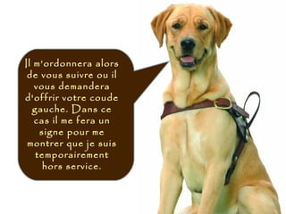 Il m’ordonnera alors
de vous suivre ou il
vous demandera
d'offrir votre coude
gauche. Dans ce
cas il me fera un
signe pour me
montrer que je suis
temporairement
hors service.
 