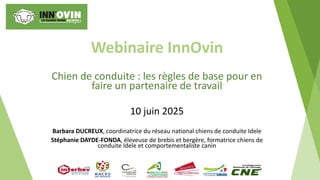 Webinaire InnOvin
Chien de conduite : les règles de base pour en
faire un partenaire de travail
10 juin 2025
Barbara DUCRE...