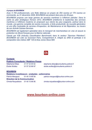 A propos de BOURBON
Avec 5 700 professionnels, une flotte détenue en propre de 293 navires et 176 navires en
commande, au 31 décembre 2008, BOURBON est présent dans plus de 28 pays.
BOURBON propose une large gamme de services maritimes à l’offshore pétrolier. Dans le
cadre du plan stratégique Horizon 2012, BOURBON ambitionne le leadership des services
maritimes à l’offshore moderne en proposant aux clients les plus exigeants, partout dans le
monde, une gamme complète de navires innovants, à forte productivité, de nouvelle génération
et une offre modulable de services d’Inspection, de Maintenance et de Réparation, au travers
de son Activité Subsea Services.
BOURBON est également spécialisé dans le transport de marchandises en vrac et assure la
protection du littoral français pour la Marine nationale.
Classé par ICB (Industry Classification Benchmark) dans le secteur "Services Pétroliers",
BOURBON est coté sur Euronext Paris, Compartiment A, intégré au SRD et participe à la
composition des indices SBF 120 et Dow Jones Stoxx 600.
Contacts
Publicis Consultants / Relations Presse
Stéphanie Elbaz 01 57 32 85 92 stephanie.elbaz@consultants.publicis.fr
Elodie Woillez 01 57 32 86 97 elodie.woillez@consultants.publicis.fr
BOURBON
Relations investisseurs - analystes - actionnaires
Patrick Mangaud 01 40 13 86 09 patrick.mangaud@bourbon-online.com
Direction de la Communication
Christa Roqueblave 01 40 13 86 06 christa.roqueblave@bourbon-online.com
www.bourbon-online.com
 