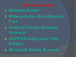Top 5 des antispyware
1. Malware Eraser
2. Malwarebytes Anti-Malware
Free
3. NoVirusThanks Malware
Remover
4. SUPERAntiSpyware Free
Edition
5. Microsoft Safety Scanner
 