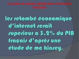 Le poids du secteur global dans l’économie
française
les retombé économique
d’internet serait
superieur a 3.2% du PIB
fraçais d’aprés une
étude de mc kinsey.
 