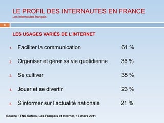 LE PROFIL DES INTERNAUTES EN FRANCE
           Les internautes français

8


           LES USAGES VARIÉS DE L’INTERNET

      1.      Faciliter la communication                          61 %

      2.      Organiser et gérer sa vie quotidienne               36 %

      3.      Se cultiver                                         35 %

      4.      Jouer et se divertir                                23 %

      5.      S’informer sur l’actualité nationale                21 %

    Source : TNS Sofres, Les Français et Internet, 17 mars 2011
 