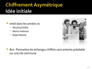 

Initié dans les années 70
 Whyfield Diffie
 Martin Hellman
 Ralph Merkle



But : Permettre les échanges chiffrés sans entente préalable
sur une clé commune

42

 