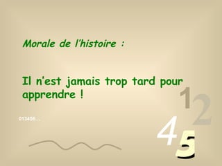 013456… 1 2 4 5 Morale de l’histoire : Il n’est jamais trop tard pour apprendre ! 