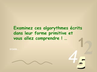013456… 1 2 4 5 Examinez ces algorythmes écrits dans leur forme primitive et vous allez comprendre ! … 