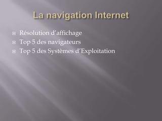    Résolution d’affichage
   Top 5 des navigateurs
   Top 5 des Systèmes d’Exploitation
 