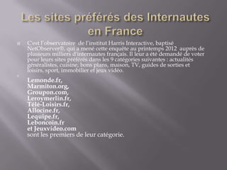    C'est l’observatoire de l’institut Harris Interactive, baptisé
    NetObserver®, qui a mené cette enquête au printemps 2012 auprès de
    plusieurs milliers d'internautes français. Il leur a été demandé de voter
    pour leurs sites préférés dans les 9 catégories suivantes : actualités
    généralistes, cuisine, bons plans, maison, TV, guides de sorties et
    loisirs, sport, immobilier et jeux vidéo.


    Lemonde.fr,
    Marmiton.org,
    Groupon.com,
    Leroymerlin.fr,
    Télé-Loisirs.fr,
    Allocine.fr,
    Lequipe.fr,
    Leboncoin.fr
    et Jeuxvideo.com
    sont les premiers de leur catégorie.
 