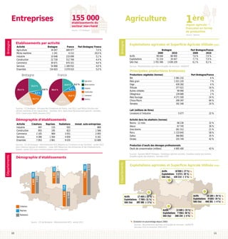 155 000

Entreprises

Agriculture

établissements du
secteur marchand
Source : CCI Bretagne

1ère

région agricole
française en terme
de production

Bretagne

Etablissements par activité
Activité	
Agriculture	
Pêche maritime	
Industrie	
Construction	
Commerce	
Services	
Ensemble	

Bretagne	
34 447	
1 241	
10 648	
22 728	
30 671	
54 868	
154 603	

Bretagne

France	
489 977	
6 212	
210 699	
512 769	
670 321	
1 189 932	
3 079 910	

Part Bretagne/ France
7,0 %
20,0 %
5,1 %
4,4 %
4,6 %
4,6 %
5,0 %

Bretagne

Source : Agreste

0,8 %

35,5 %

Industrie
Construction

16,6 %

14,7 %

Commerce
Services

21,8 %

Sources : CCI Bretagne - Annuaire des Entreprises de France, mai 2013, sauf Pêche Direction des
pêches maritimes et de l’aquaculture - données 2011, Agriculture Recensement agricole - données
2010, Construction INSEE données 2012

Démographie d’établissements
Activité	
Industrie	
Construction	
Commerce	
Services	
Ensemble	

Créations 	
497	
955	
2 105	
4 396	
7 953	

Reprises	
133	
195	
969	
1 564	
2 861	

Radiations	
502	
823	
3 051	
4 659	
9 035	

Immat. auto-entreprises
869
1 566
2 093
6 161
10 689

Sources : CCI de Bretagne - Dénombrement RCS (Registre du Commerce et des Sociétés) - année 2012
pour créations reprises et radiations - Insee, REE (Répertoire des Entreprises et des Etablissements Sirene) - année 2012 pour immatriculations auto-entreprises.

Production d’oeufs des élevages professionnels		
Oeufs de consommation (milliers)	
4 905 400	

Créations

Départements

3 727

796
1 845 719

1 745

2 880

1 487

1 402 597

2 076

1 826 749

Départements

43 %

Sources : Agreste DRAAF Bretagne - Statistique agricole annuelle, Enquêtes auprès des laiteries,
Enquête auprès des abattoirs - données 2012

Démographie d’établissements

Exploitations agricoles et Superficie Agricole Utilisée (SAU)
Actifs 	
18 900 	 - 27 %)
(
Exploitations	 9 472	(- 29 %)
SAU (ha)	 438 314	 (- 3 %)

Actifs 	
18 100 (- 34 %)
	
Exploitations	 9 630	(- 35 %)
SAU (ha)	 446 381	 (- 4 %)

Actifs 	
17 400 	 - 33 %)
(
Exploitations	 7 789	(- 31 %)
SAU (ha)	 385 380	 (- 3 %)
Actifs 	
13 600 	 - 33 %)
(
Exploitations	 7 556	(- 36 %)
SAU (ha)	 368 154	 (- 4 %)

Reprises
Radiations
Source : CCI de Bretagne - Dénombrement RCS - année 2012

10

Part Bretagne/France
2000	2010
7,6 %	
7,0 %
7,7 %	
7,0 %
6,1 %	
6,1 %

Principales productions bretonnes

Pêche maritime

6,8 %

38,6 %

6,9 %

19,8 %

0,2 %

Bretagne	
2000	 2010	
99 644	
68 000	
51 219	
34 447	
1 701 566	
1 638 229	

Productions végétales (tonnes)		
Part Bretagne/France
Blé	
2 081 232	
6%
Maïs grain	
1 021 220	
7%
Orge	
439 282	
4%
Triticale	
377 021	
16 %
Autres céréales	
99 990	
3%
Oléagineux	
139 680	
2%
Maïs fourrage	
4 271 500	
24 %
Choux-fleurs	
299 397	
84 %
Tomates	
192 346	
24 %
		
Lait (millions de litres)		
Livraisons à l’industrie	
5 077	
22 %
		
Activité dans les abattoirs (tonnes)		
Bovins - 12 mois 	
68 236	
32 %
Veaux	
67 745	
36 %
Gros bovins	
261 312	
21 %
Porcs	
1 133 645	
58 %
Gallus	
366 882	
35 %
Dindes	
155 749	
42 %

Agriculture

15,9 %

	
	
Actifs	
Exploitations	
SAU (ha)	

Sources : Recensements agricoles et Enquête de structure - AGRESTE

France

22,3 %

Exploitations agricoles et Superficie Agricole Utilisée (SAU)

(Evolution en pourcentage depuis 2000)

Sources : Recensements agricoles et Enquête de structure - AGRESTE
Données 2010 et évolution 2000-2010

11

 