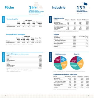 Pêche

1ère

13 %

Industrie

région de pêche
de France (tonnage et valeur

de la richesse
régionale produite

des pêches débarquées)

Source : INSEE

Navires de pêche

			
Type de pêche		
	
Grande	
Pêche	
Pêche	
Petite	 Total navires
	
pêche	 au large	
côtière	
pêche	
de pêche
Bretagne	
18	
143	
129	
951	
1 241
Part Bretagne/France	
64,3 %	
46,1 %	
24,1 %	
17,8 %	
20,0 %

Bretagne

Bretagne

Source : MEDDE/DPMA/BSPA

Source : Direction des Pêches maritimes et de l’Aquaculture - données 2011

Etablissements

Activités	
Bretagne	 + 10 salariés	 - 10 salariés	 Part Bretagne/	
				France
Agro-alimentaire	
3 670	
708	
2 962	
6,6 %
Métallurgie - Mécanique	
2 648	
657	
1 991	
4,6 %
dont matériels de transport	
238	
65	
173	
7,3 %
Chimie-caoutchouc-plastiques	
823	
280	
543	
4,9 %
Electricité-électronique	
239	
112	
127	
3,8 %
Autres industries	
3 268	
558	
2 710	
4,3 %
Ensemble	
10 648	
2 315	
8 333	
5,1 %
Sources : CCI Bretagne - Annuaire des Entreprises de France, mai 2013

Salariés

Marins pêcheurs embarqués

Activités	
Agro-alimentaire	
Métallurgie - Mécanique	
dont matériels de transport	
Chimie-caoutchouc-plastiques	
Electricité-électronique	
Autres industries	
Ensemble	

			
Type de pêche		
	
Grande	 Pêche	 Pêche	 Petite	Autres	Total
	
pêche	 au large	 côtière	
pêche	
Bretagne	
613	
1 400	
728	
2 250	
1 325	 6 316
Part Bretagne/France	
53,8 %	
43,3 %	
28,2 %	
23,4 %	 27,7 %	 29,6 %
Source : Direction des Pêches maritimes et de l’Aquaculture - données 2011

Bretagne	
57 617	
43 090	
12 743	
22 181	
10 035	
29 138	
162 061	

Part Bretagne/France
11,5 %
3,6 %
3,5 %
4,3 %
3,8 %
3,9 %
5,0 %

Départements

Pêche débarquée (en milliers d’euros)

Criées	Valeur
Cornouaille*	
142 423
Lorient	
74 813
Erquy	
32 155
Saint-Quay Portrieux	
23 649
Roscoff	
22 790
Brest	
8 199
Quiberon	
4 684
Saint-Malo - Cancale	
4 665
Loguivy de la Mer	
2 208
Ensemble	
315 586

Départements

Sources : Base de données Séquoia Acoss et Urssaf - 01/01/2012

Etablissements

Morbihan
2 685

Ille-et-Vilaine
3 121

Côtes
d’Armor
1 984

Finistère
2 858

Salariés

Morbihan
37 799

Côtes
d’Armor
24 096

Ille-et-Vilaine
57 198

Finistère
42 968

* Douarnenez, Audierne, Penmarc’h, Le Guilvinec, Loctudy, Concarneau
Source : Criées bretonnes - année 2012

Sources : CCI Bretagne, mai 2013 - Base de données Séquoia Acoss et Urssaf - 01/01/2012

Répartition des salariés par activité
Activités	
Côtes d’Armor	
Agro-alimentaire	
10 172	
Métallurgie - Mécanique	
6 042	
dont matériels de transport	
875	
Chimie-caoutchouc-plastiques	
2 559	
Electricité-électronique	
1 040	
Autres industries	
4 283	
Ensemble	
24 096	

Finistère	 Ille-et-Vilaine	 Morbihan
16 676	
15 635	
15 134
10 162	
17 712	
9 174
2 149	
7 715	
2 004
3 916	
8 735	
6 971
4 083	
4 220	
692
8 131	
10 896	
5 828
42 968	
57 198	
37 799

Sources : Base de données Séquoia Acoss et Urssaf - 01/01/2012

12

13

 