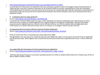 •   http://www.fredcavazza.net/2012/01/13/a-quoi-ressemble-linternet-en-2012/
•   Le profil type de l’internaute et la répartition entre les utilisateurs suivant le sexe et la
    Catégorie Socio-Professionnelle se rapproche peu à peu de la moyenne nationale. Au 4è
    trimestre 2009 les hommes représentaient 51,4% des utilisateurs contre 48,6% pour les
    femmes. Les moins de 25 ans sont les plus sur-représentés avec 26% des utilisateurs contre
    20% de la population tandis que les plus de 50 ans représentent seulement 26,7% des
    utilisateurs alors qu’ils constituent 41% de la population totale.

    ● L’utilisation selon les sexes d’Internet
•   Source: http://www.insee.fr/fr/ffc/docs_ffc/IP1076.pdf
•   L’utilisation de l’Internet diffère selon les sexes: à titre d’exemple, les hommes utiliseraient
    plus Internet pour les loisirs comme les jeux en ligne ou le téléchargement de musique en
    ligne ou de logiciels d’application, 25% des internautes masculins jouent régulièrement sur
    Internet contre 14% des femmes. Les femmes quant à elles privilégieraient plus l’information
    sur la santé, 35% d’entre elles vont sur le net pour se renseigner contre 21% des hommes.

•   Le classement des Fournisseurs d’Accès à Internet (nombre d’abonnés)
•   Source: http://www.journaldunet.com/cc/03_internetmonde/interfrance_fai.shtml
•
    Parts de marché des FAI sur l’ensemble des visites (décembre 2006)
•   Orange totalise à lui seul près de la moitié des abonnés avec 48,6% des visites, son plus gros
    concurrent Free ne représente que 20,3% des visites. Neuf Cegetel, Alice et Club internet
    viennent ensuite avec respectivement 10,1% ; 5,4% et 4,6% des visites.

Les usages Web des Internautes en France (classement par catégories)
• Source: http://www.journaldunet.com/cc/01_internautes/inter_usage_fr.shtml
•
    -92% des internautes français se connectent quotidiennement à la Toile en octobre 2010
    tandis qu’ils n’étaient que 35,7% en février 2008 et 24,8% en 2005.
 