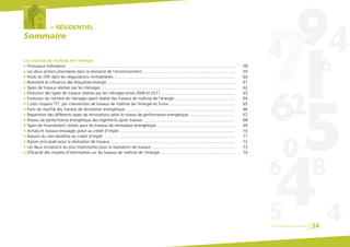 le RÉSIDENTIELle RÉSIDENTIEL
SommaireSommaire
Les travaux de maîtrise de l’énergie
G Principaux indicateurs ................................................................................................................................................. 58
G Les deux actions prioritaires dans le domaine de l’environnement ................................................................................ 59
G Poids du DPE dans les négociations immobilières.......................................................................................................... 60
G Notoriété et influence des étiquettes-énergie ............................................................................................................... 61
G Types de travaux réalisés par les ménages .................................................................................................................... 62
G Évolution des types de travaux réalisés par les ménages entre 2009 et 2011 ................................................................ 63
G Évolution du nombre de ménages ayant réalisé des travaux de maîtrise de l’énergie..................................................... 64
G Coûts moyens TTC par intervention de travaux de maîtrise de l’énergie en Euros. ........................................................ 65
G Parts de marché des travaux de rénovation énergétique .............................................................................................. 66
G Répartition des différents types de rénovations selon le niveau de performance énergétique ........................................ 67
G Niveau de performance énergétique des logements après travaux ............................................................................... 68
G Types de financement utilisés pour les travaux de rénovation énergétique ................................................................... 69
G Achats et travaux envisagés grâce au crédit d’impôt .................................................................................................... 70
G Raisons du non-bénéfice du crédit d’impôt ................................................................................................................. 71
G Raison principale pour la réalisation de travaux ........................................................................................................... 72
G Les deux incitations les plus importantes pour la réalisation de travaux ........................................................................ 73
G Efficacité des moyens d’information sur les travaux de maîtrise de l’énergie ................................................................. 74
Chiffres clés du bâtiment 34
 