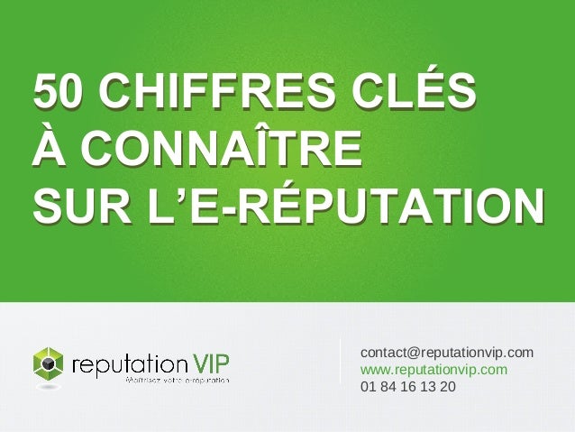 contact@reputationvip.com
www.reputationvip.com
01 84 16 13 20
50 CHIFFRES CLÉS
À CONNAÎTRE
SUR L’E-RÉPUTATION
50 CHIFFRES...