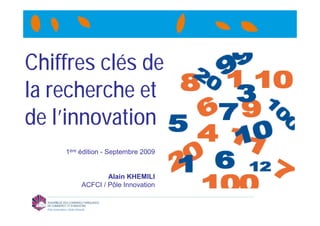 Chiffres clés de
la recherche et
de l’innovation
                 1ère édition - Septembre 2009


                                      Alain KHEMILI
                              ACFCI / Pôle Innovation


  Pôle Innovation / Alain Khémili
 