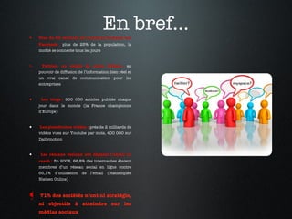 En bref... Plus de 20 millions de membres français sur Facebook  :  plus de 25% de la population, la moitié se connecte tous les jours Twitter, un média de niche élitiste :  au pouvoir de diffusion de l’information bien réel et un vrai canal de communication pour les entreprises Les blogs :   900 000 articles publiés chaque jour dans le monde (la France championne d’Europe) Les plateformes vidéos :  près de 2 milliards de vidéos vues sur Youtube par mois, 400 000 sur Dailymotion Les réseaux sociaux ont dépassé l’email en reach :   fin 2008, 66,8% des internautes étaient membres d’un réseau social en ligne contre 65,1% d’utilisation de l’email (statistiques Nielsen Online) 71% des sociétés n’ont ni stratégie, ni objectifs à atteindre sur les médias sociaux 