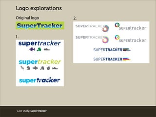 Case study: SuperTracker
Logo explorations
Original logo
supertracker
supertracker
trackersuper
1. SUPERTRACKER
SUPERTRACKER
SUPERtracker
SUPERtracker
SUPERTRACKER
SUPERTRACKER
2.
 