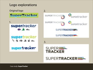 Case study: SuperTracker
Logo explorations
SUPER
TRACKER
SUPERTRACKER
3.
Original logo
supertracker
supertracker
trackersuper
1. SUPERTRACKER
SUPERTRACKER
SUPERtracker
SUPERtracker
SUPERTRACKER
SUPERTRACKER
2.
 
