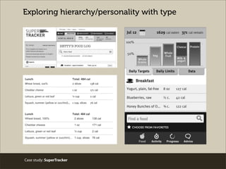 Case study: SuperTracker
Exploring consistency, hierarchy, and
personality with color
Three requirements: approachability,...