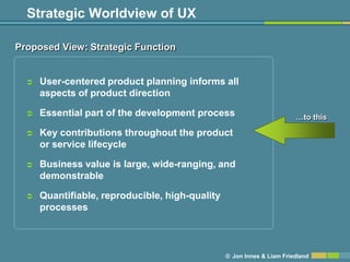Strategic Worldview of UX

Proposed View: Strategic Function


     User-centered product planning informs all
      aspects of product direction

     Essential part of the development process                         …to this

     Key contributions throughout the product
      or service lifecycle

     Business value is large, wide-ranging, and
      demonstrable

     Quantifiable, reproducible, high-quality
      processes



                                                 © Jon Innes & Liam Friedland
 