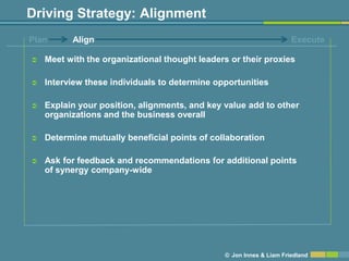 Driving Strategy: Alignment
Plan      Align                                                      Execute

   Meet with the organizational thought leaders or their proxies

   Interview these individuals to determine opportunities

   Explain your position, alignments, and key value add to other
    organizations and the business overall

   Determine mutually beneficial points of collaboration

   Ask for feedback and recommendations for additional points
    of synergy company-wide




                                               © Jon Innes & Liam Friedland
 