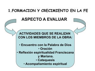 FORMACION Y CRECIMIENTO EN LA FEASPECTO A EVALUARACTIVIDADES QUE SE REALIZAN CON LOS MIEMBROS DE LA OBRA:Encuentro con la Palabra de Dios