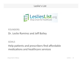Leslie's List




  FOUNDERS	
  
  Dr.	
  Leslie	
  Ramirez	
  and	
  Jeﬀ	
  Bailey	
  
  	
  
  GOALS	
  
  Help	
  paPen...