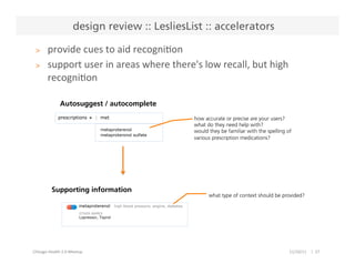 design review :: LesliesList :: accelerators

  >        provide	
  cues	
  to	
  aid	
  recogniPon	
  
  >        support...