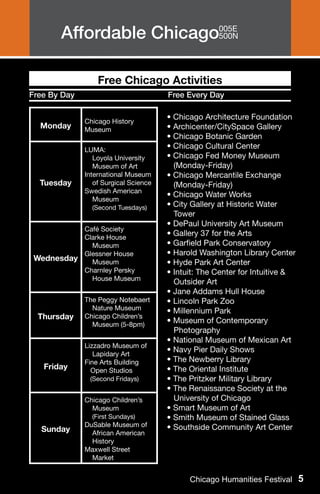 Affordable Chicago005E
                         500N




                  Free Chicago Activities
Free By Day                            Free Every Day

                                       • Chicago Architecture Foundation
              Chicago History
  Monday      Museum                   • Archicenter/CitySpace Gallery
                                       • Chicago Botanic Garden
              LUMA:
                                       • Chicago Cultural Center
                 Loyola University     • Chicago Fed Money Museum 	
                 Museum of Art           (Monday-Friday)
              International Museum     • Chicago Mercantile Exchange
  Tuesday        of Surgical Science     (Monday-Friday)
              Swedish American
                                       • Chicago Water Works
                 Museum
                (Second Tuesdays)      • City Gallery at Historic Water
                                         Tower
                                       • DePaul University Art Museum
           Café Society
           Clarke House
                                       • Gallery 37 for the Arts
             Museum                    • Garfield Park Conservatory
           Glessner House              • Harold Washington Library Center
 Wednesday   Museum                    • Hyde Park Art Center
           Charnley Persky             • Intuit: The Center for Intuitive &
             House Museum
                                         Outsider Art
                                       • Jane Addams Hull House
              The Peggy Notebaert      • Lincoln Park Zoo
                Nature Museum          • Millennium Park
  Thursday    Chicago Children’s
                                       • Museum of Contemporary
                Museum (5-8pm)
                                         Photography
                                       • National Museum of Mexican Art
              Lizzadro Museum of
                 Lapidary Art
                                       • Navy Pier Daily Shows
              Fine Arts Building       • The Newberry Library
   Friday       Open Studios           • The Oriental Institute
               (Second Fridays)        • The Pritzker Military Library
                                       • The Renaissance Society at the
              Chicago Children’s         University of Chicago
                Museum                 • Smart Museum of Art
                (First Sundays)        • Smith Museum of Stained Glass
              DuSable Museum of        • Southside Community Art Center
  Sunday        African American
                History
              Maxwell Street
                Market


                                             Chicago Humanities Festival 5
 